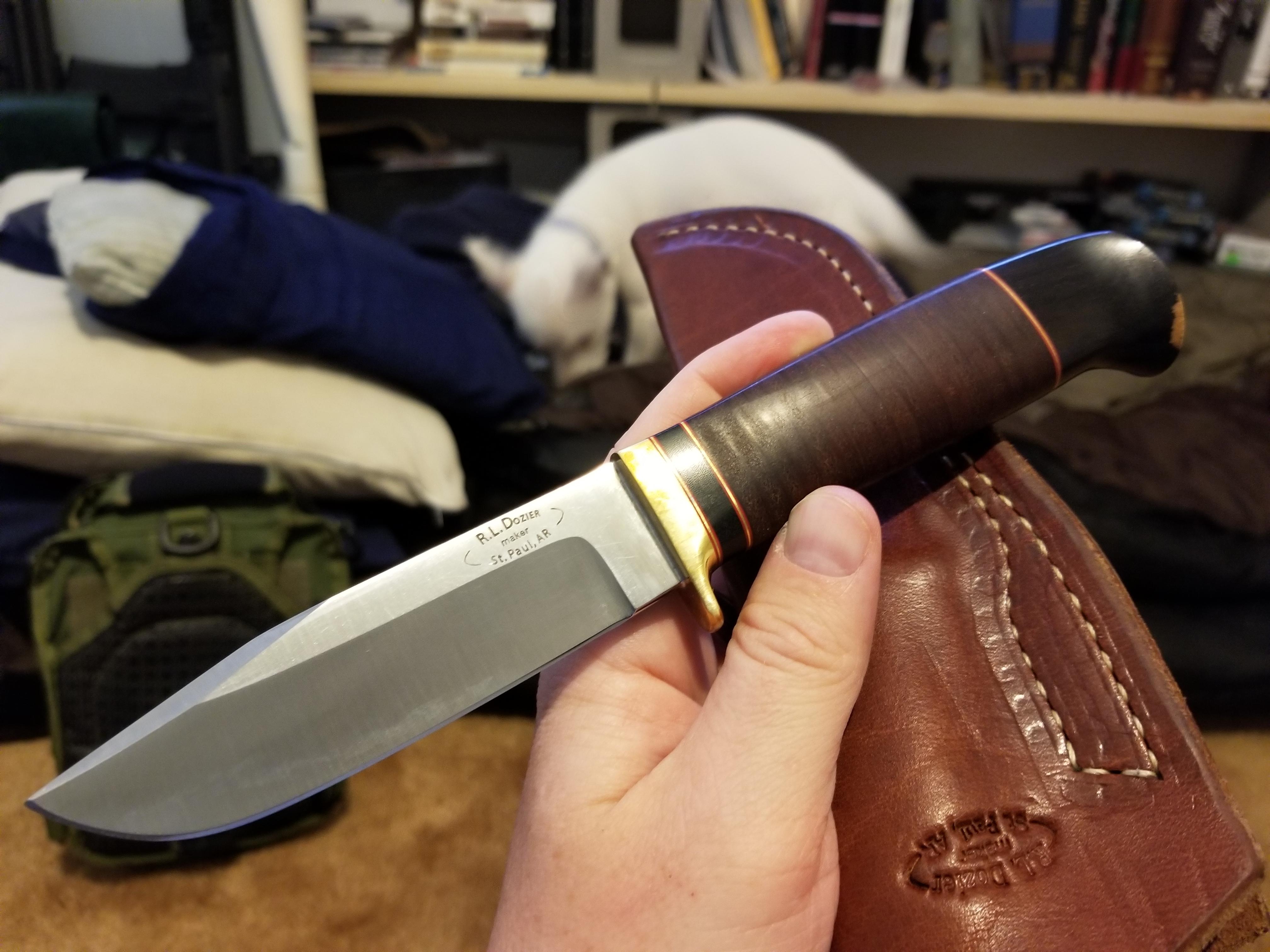 Dozier Sisu Model 6 Stacked leather handle w/Blackwood cap, D2 core between 410 stainless r