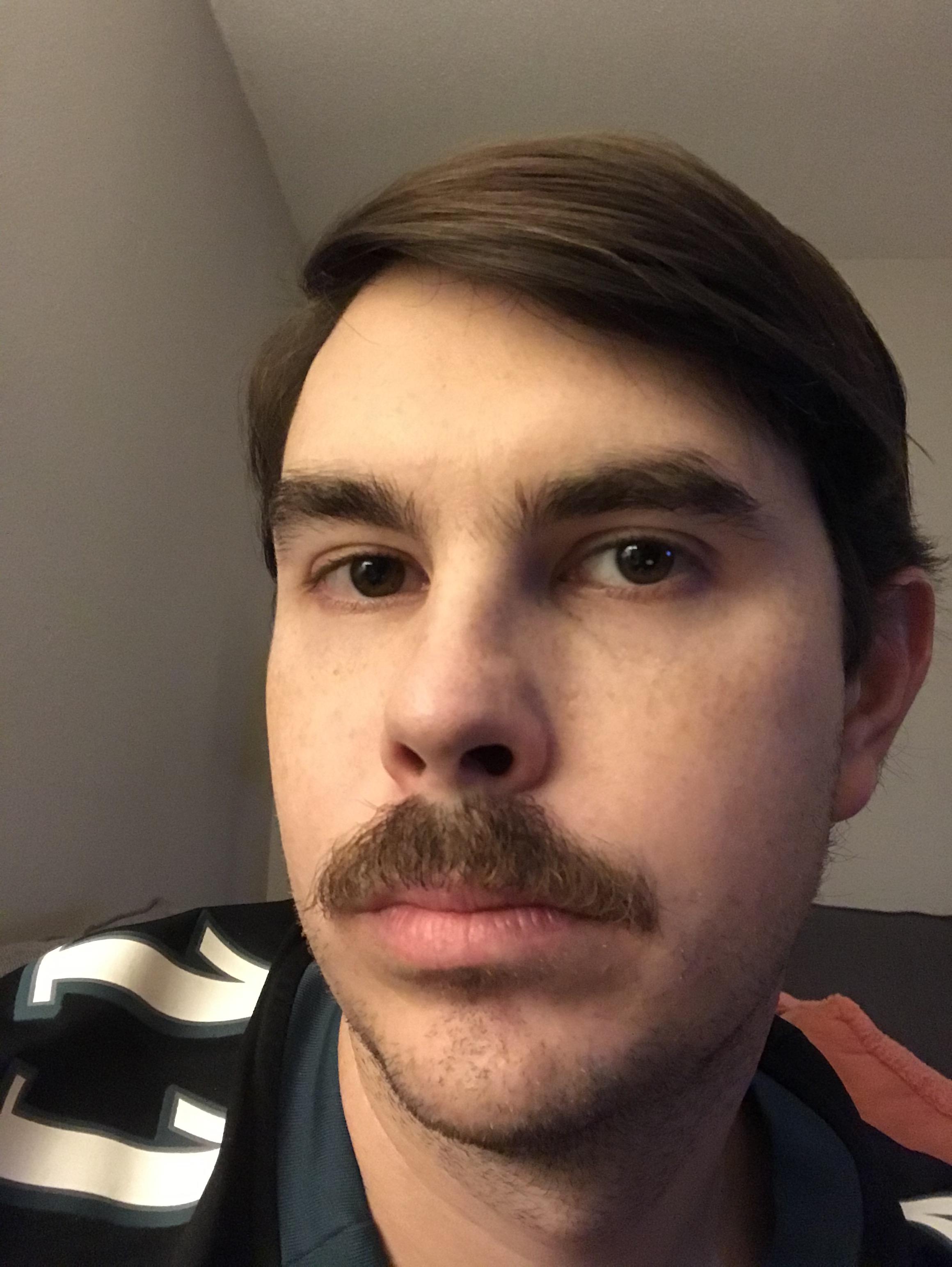 5 weeks in, I keep trimming the lip till the top hairs catch up. Think