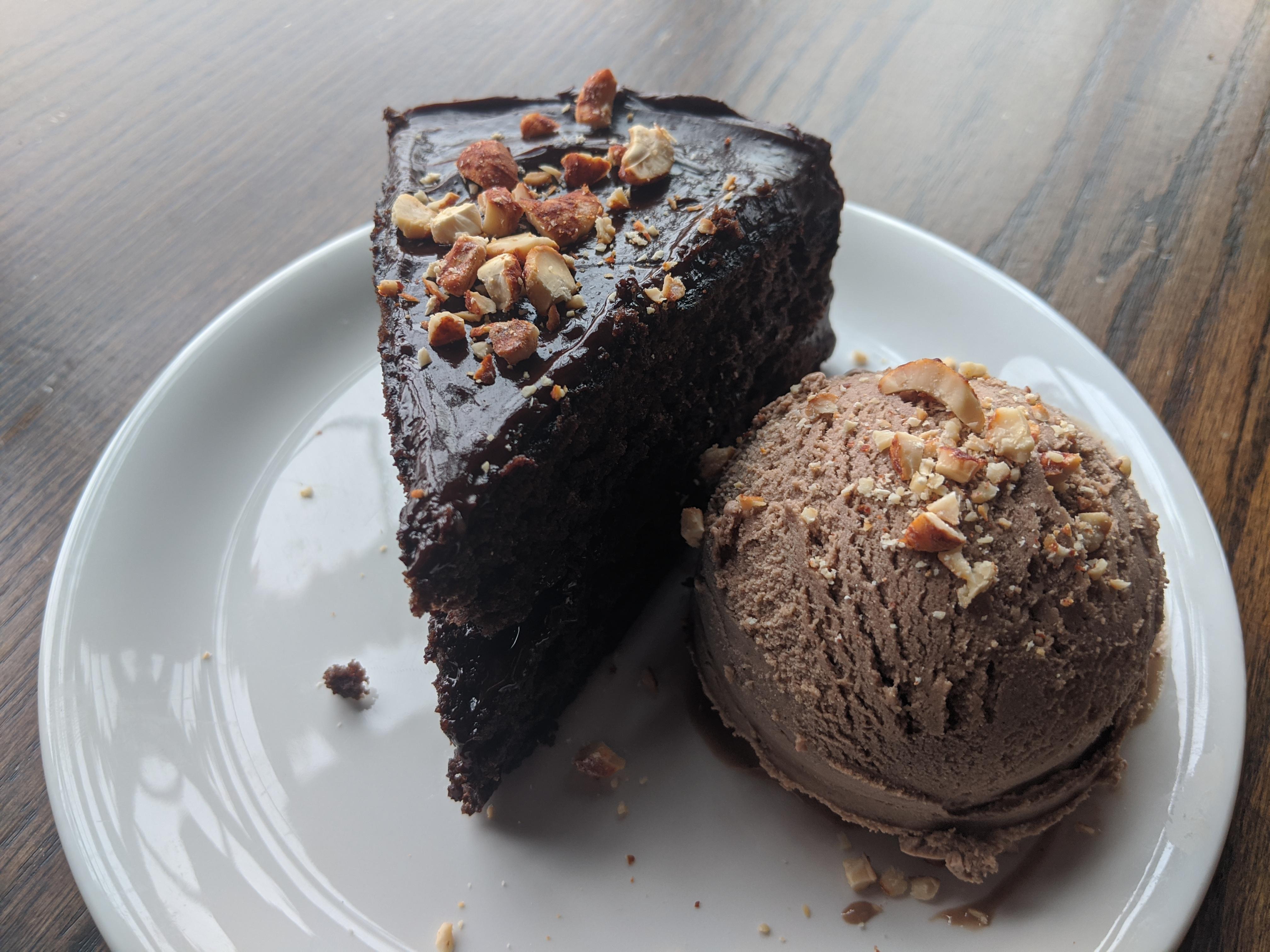 Chocolate stout cake with a chocolate habanero ganache, chocolate jalapeno ice cream and candied
