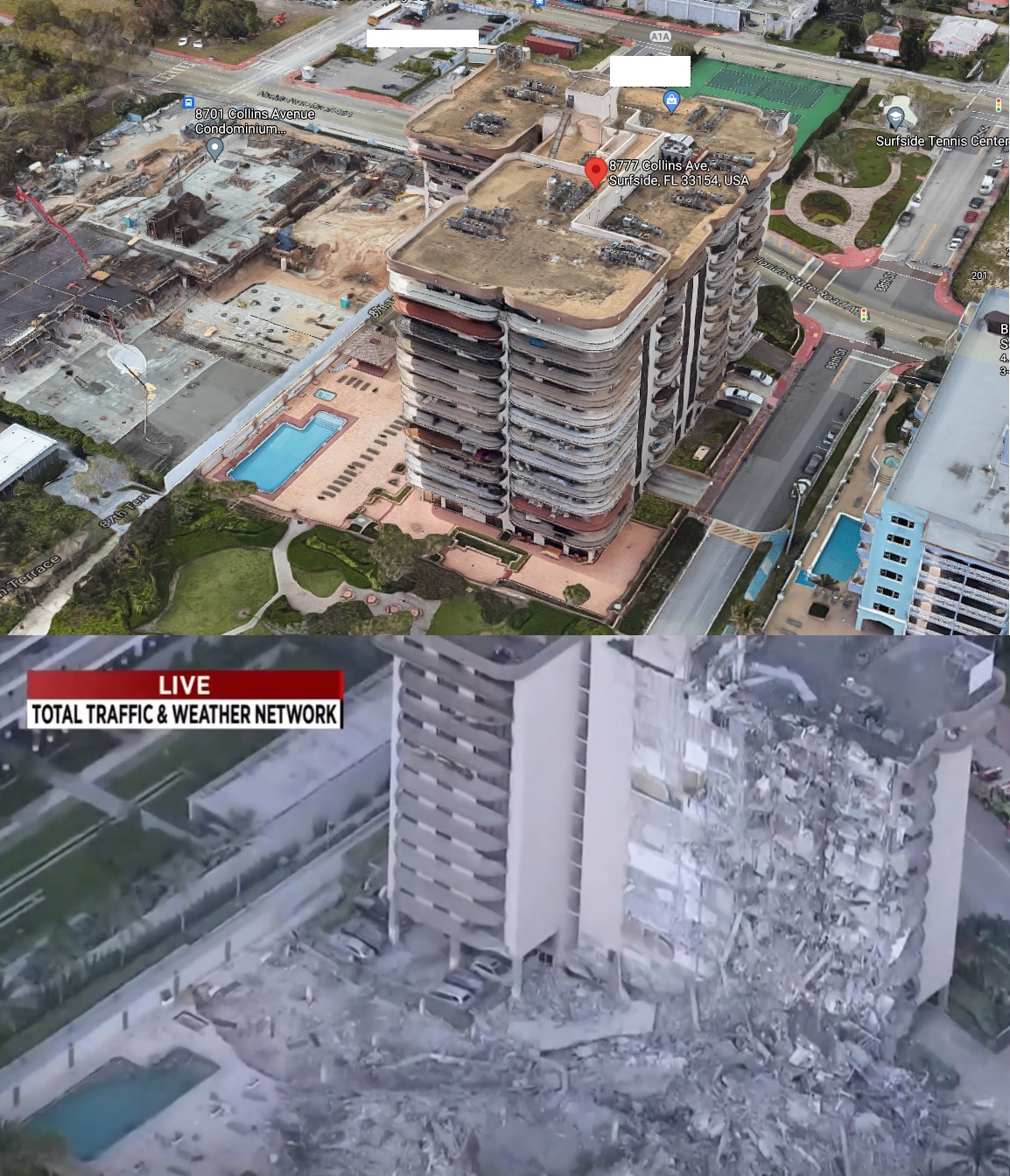 Before and after photo of a partial building collapse in Surfside