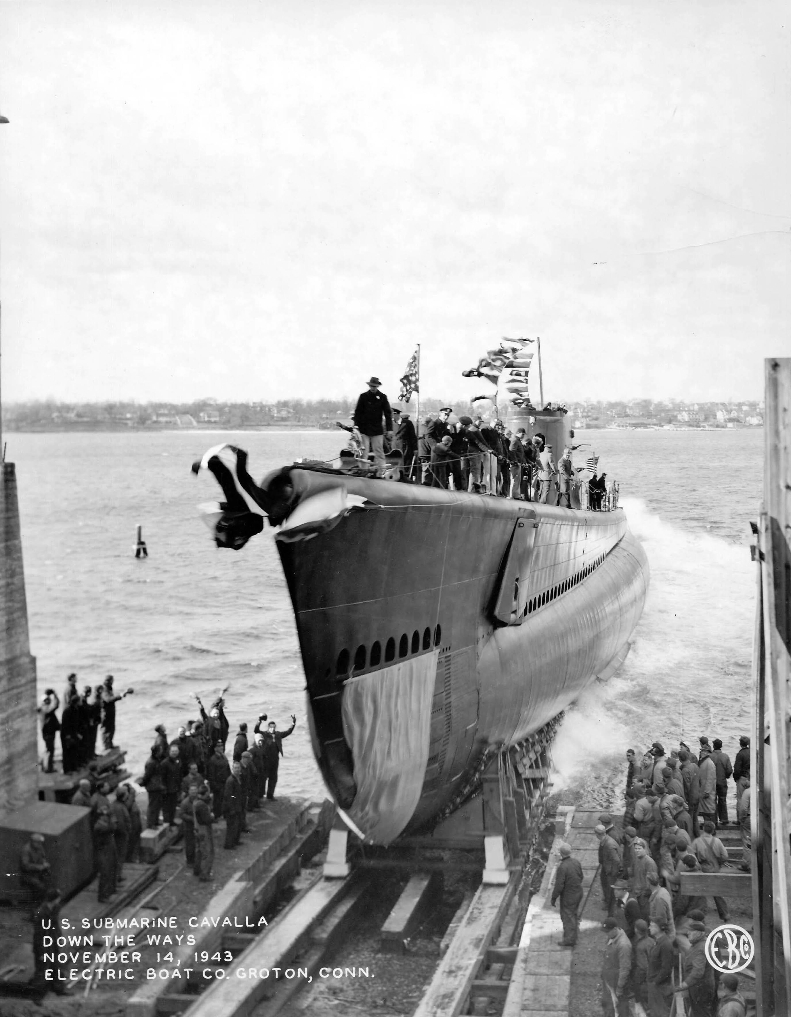 The start of a long journey USS Cavalla slides down the launching ways