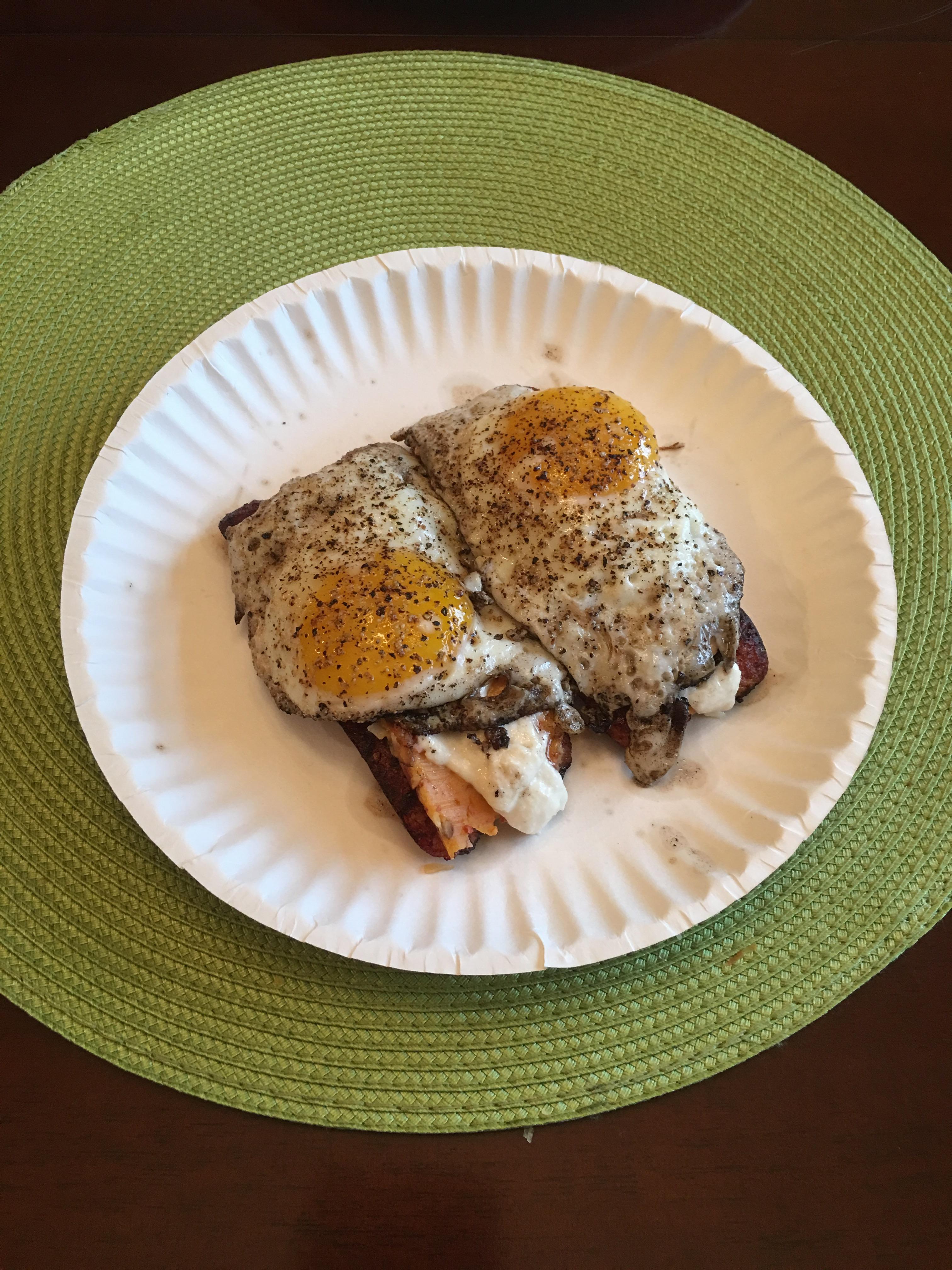 Simple Keto BFast Sausage, Brie and eggs with Horseradish, served on