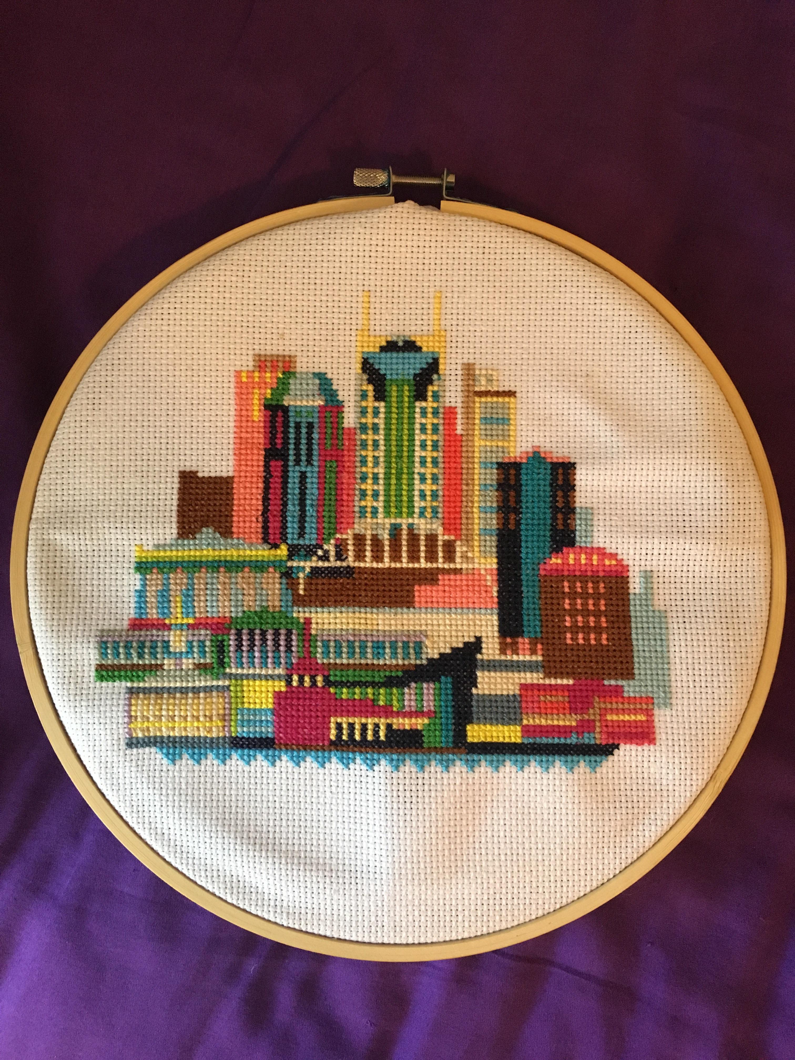 [FO] first cross stitch finally completed. city of Nashville! r