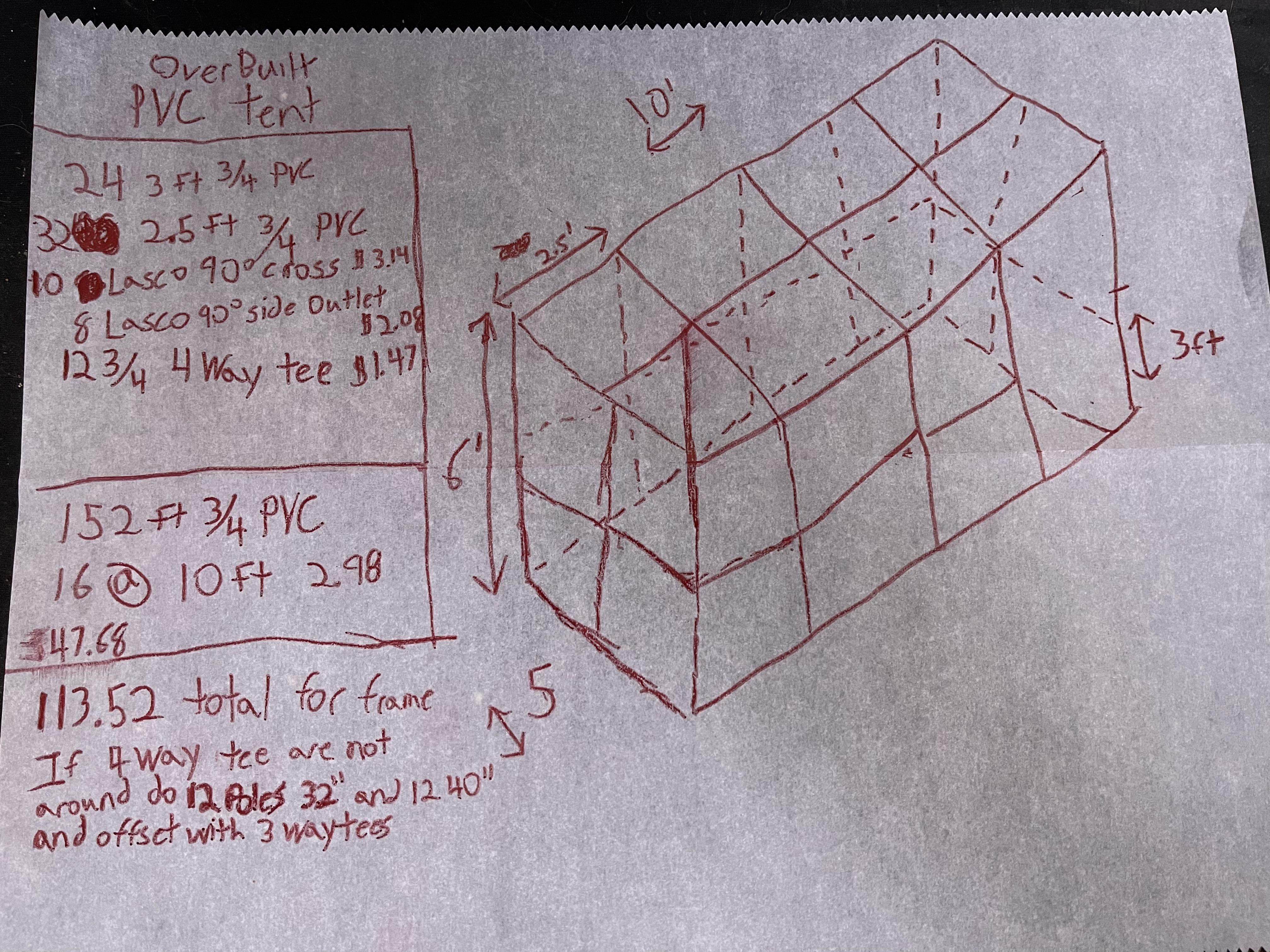 Pvc pipe tent frame built to support decent weight plans. Will be
