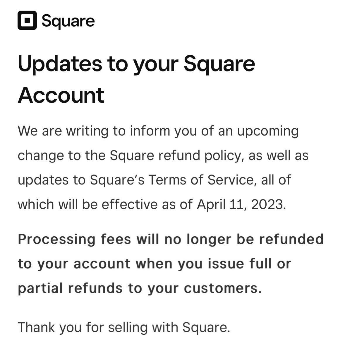 PSA Square will no longer refund processing fees when you issue full