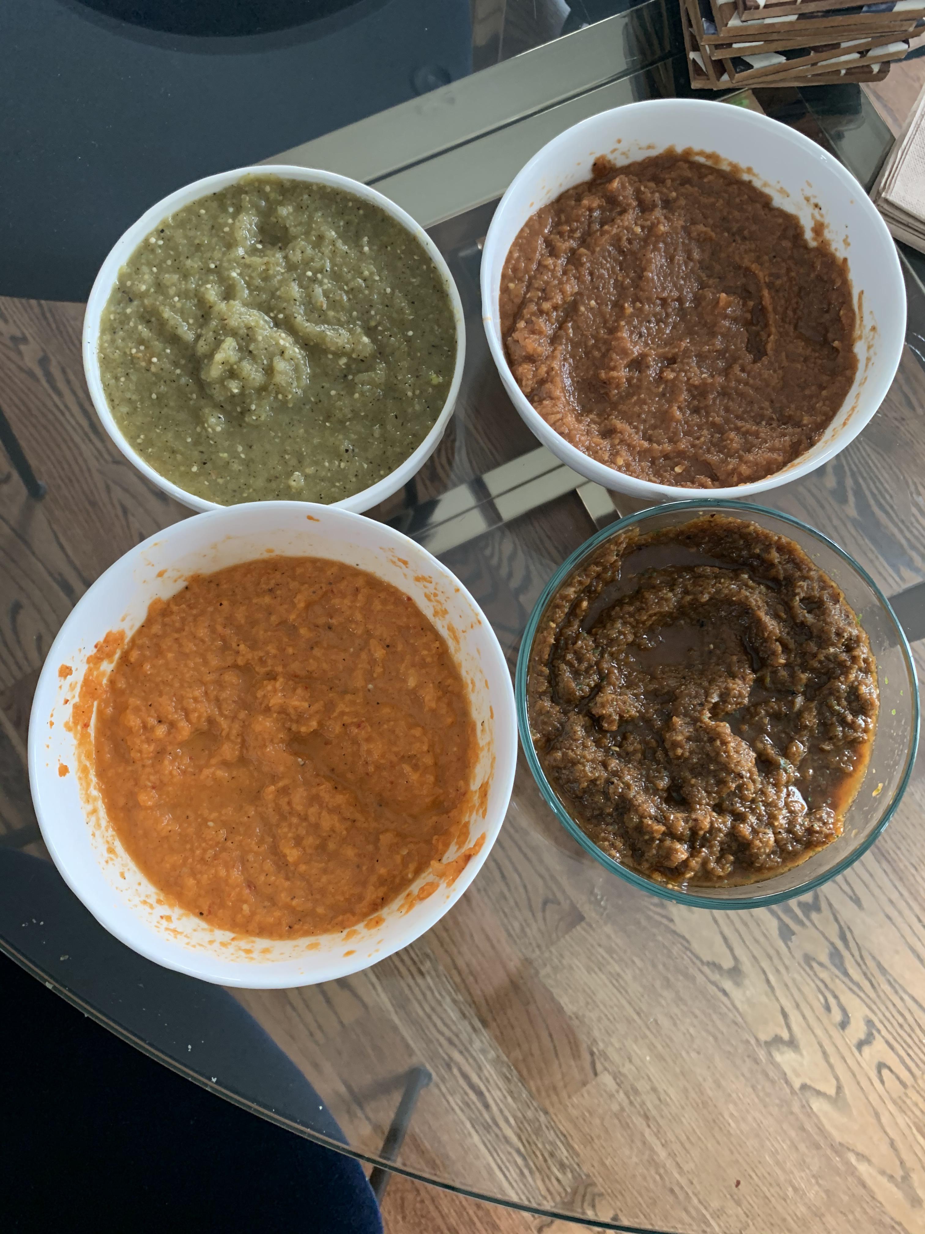 Experimenting with salsa! Starting top left going clockwise tomatillo