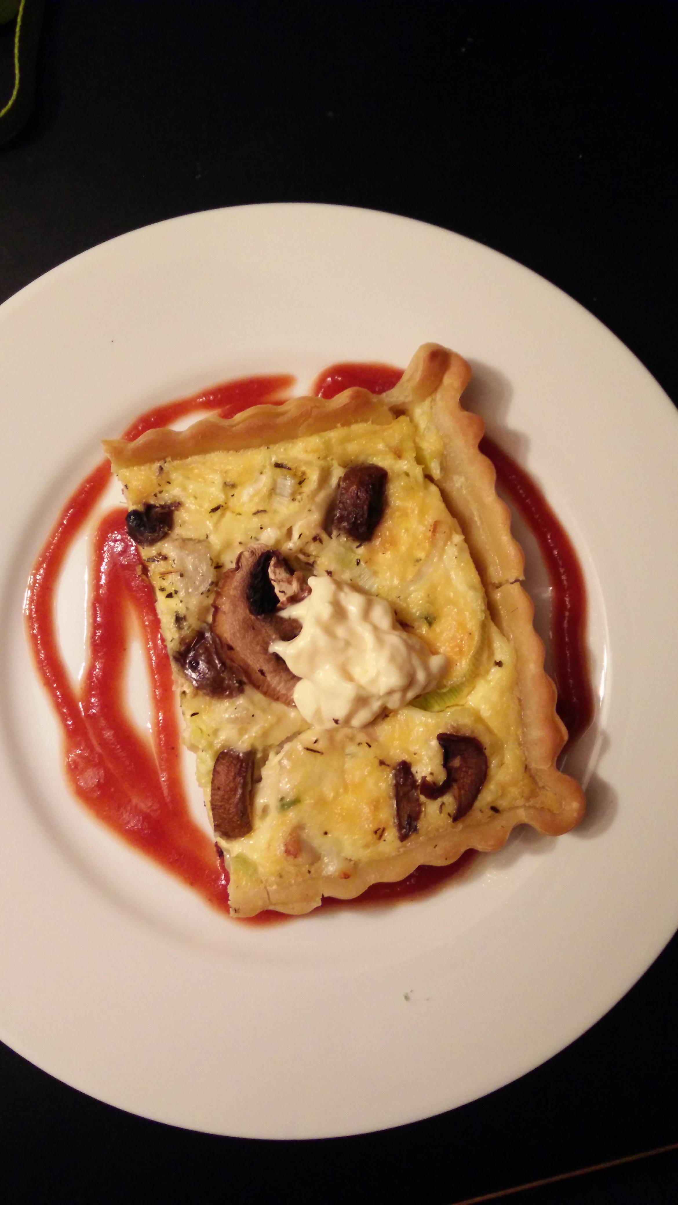 3 day old quiche served over a bed of ketchup, garnished in mayonnaise