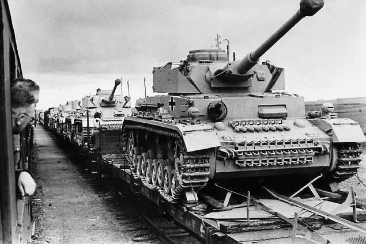 Panzer IV medium tanks on rail cars for transportation to the Eastern