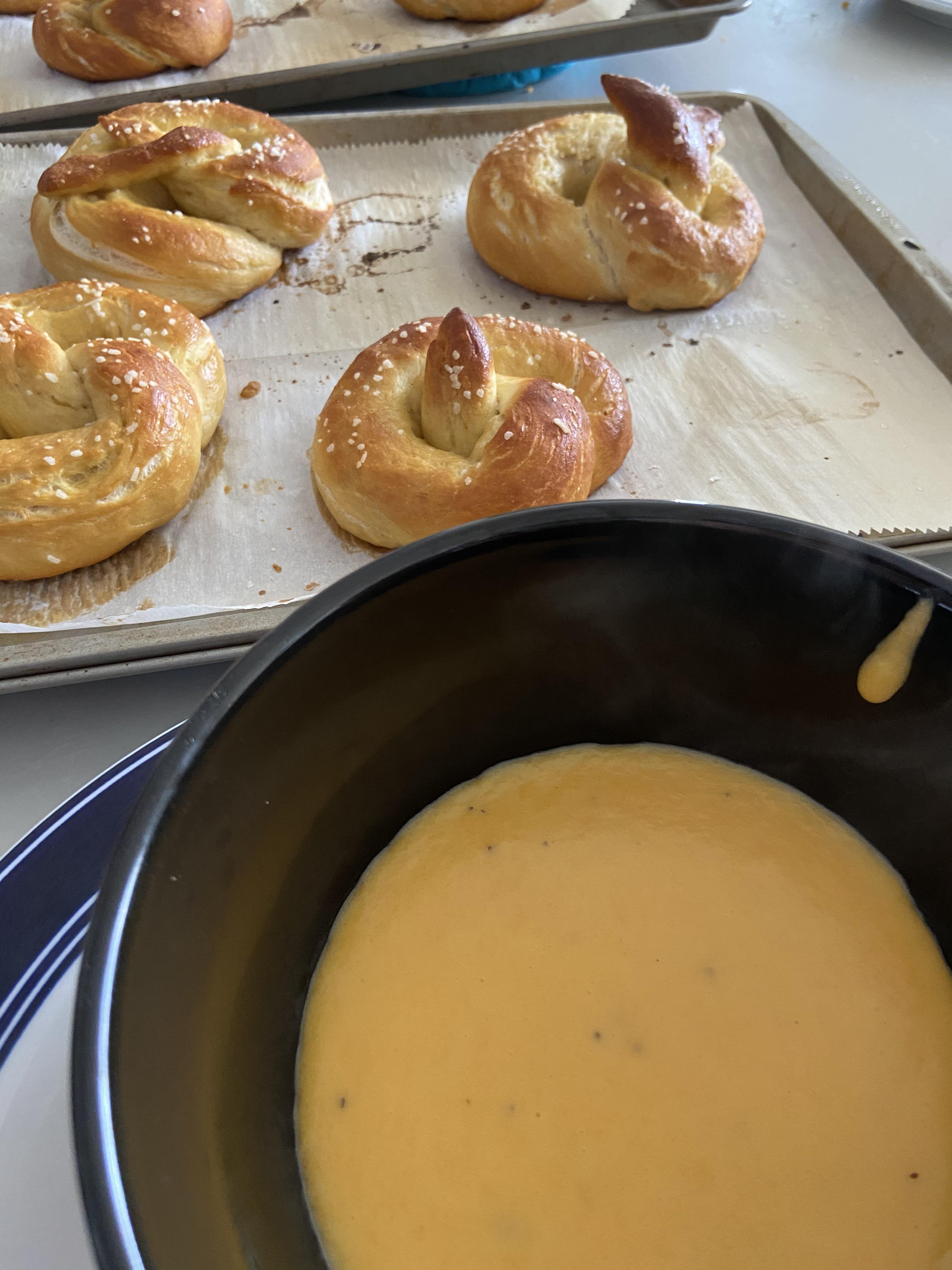 First attempt at pretzels and beer cheese r/pretzels