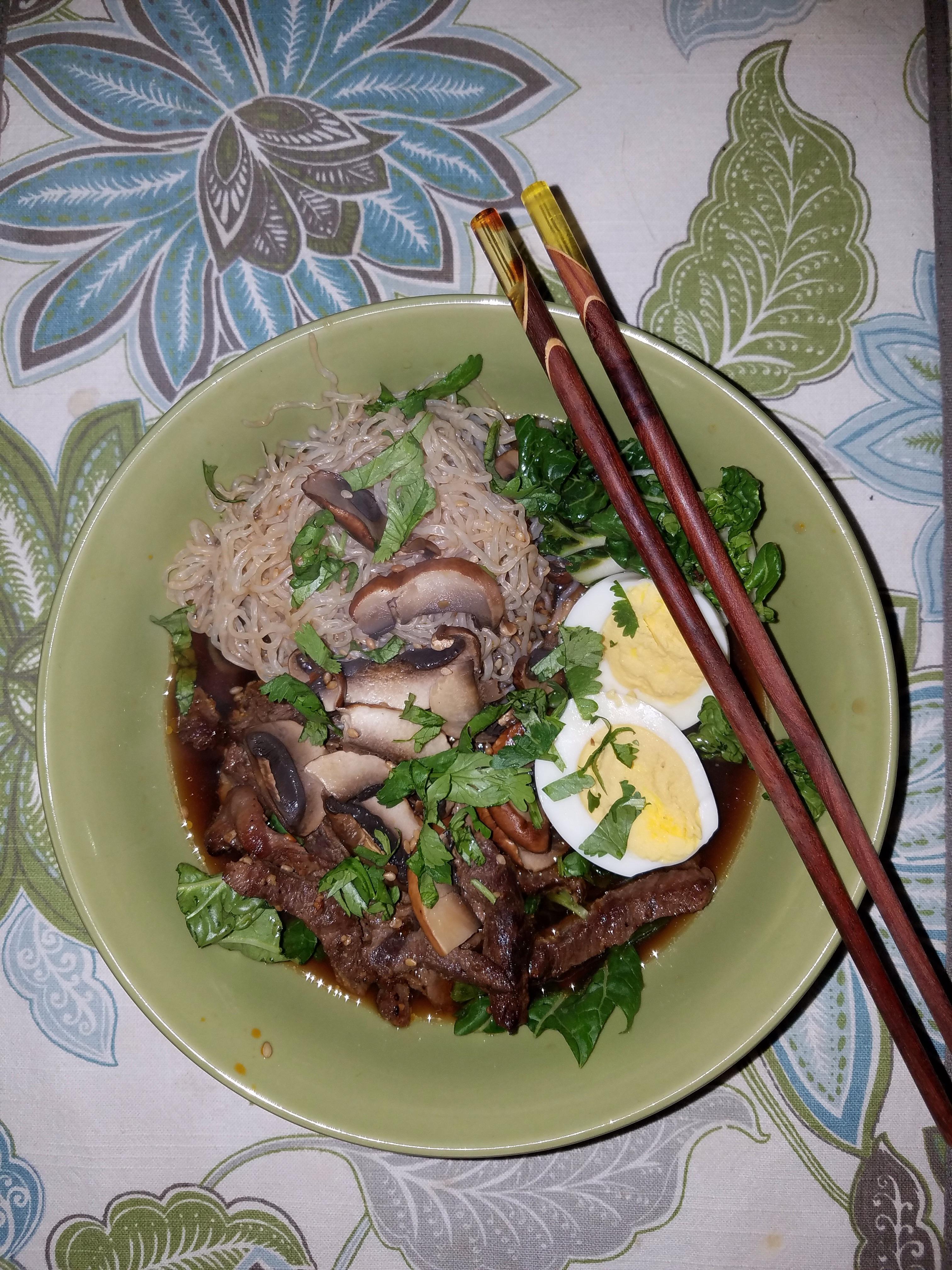 Keto ramen bowl. Used miracle noodles for the first time. Fried beef w