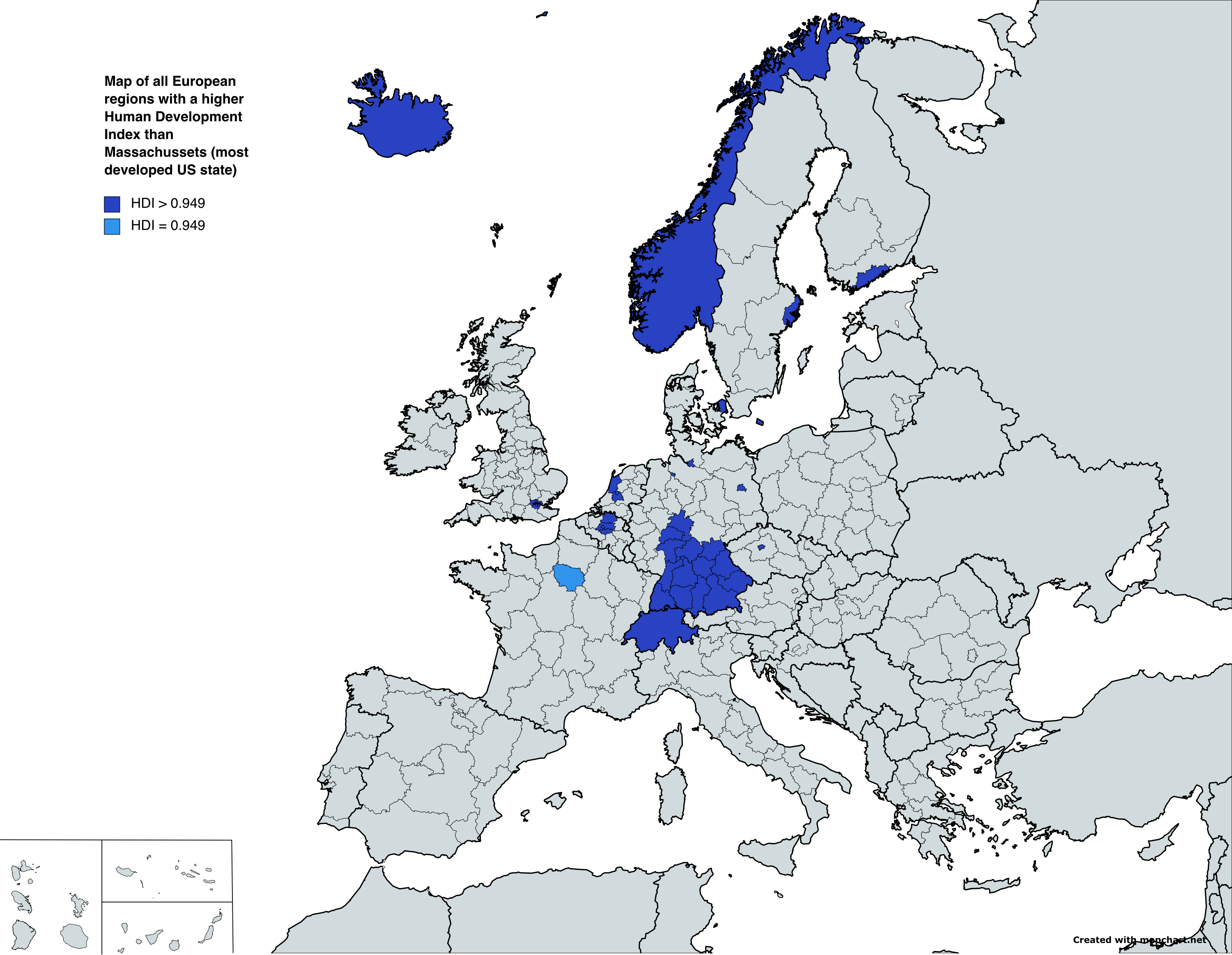 Map of all European regions with a higher Human Development Index than Massachusetts, with EU