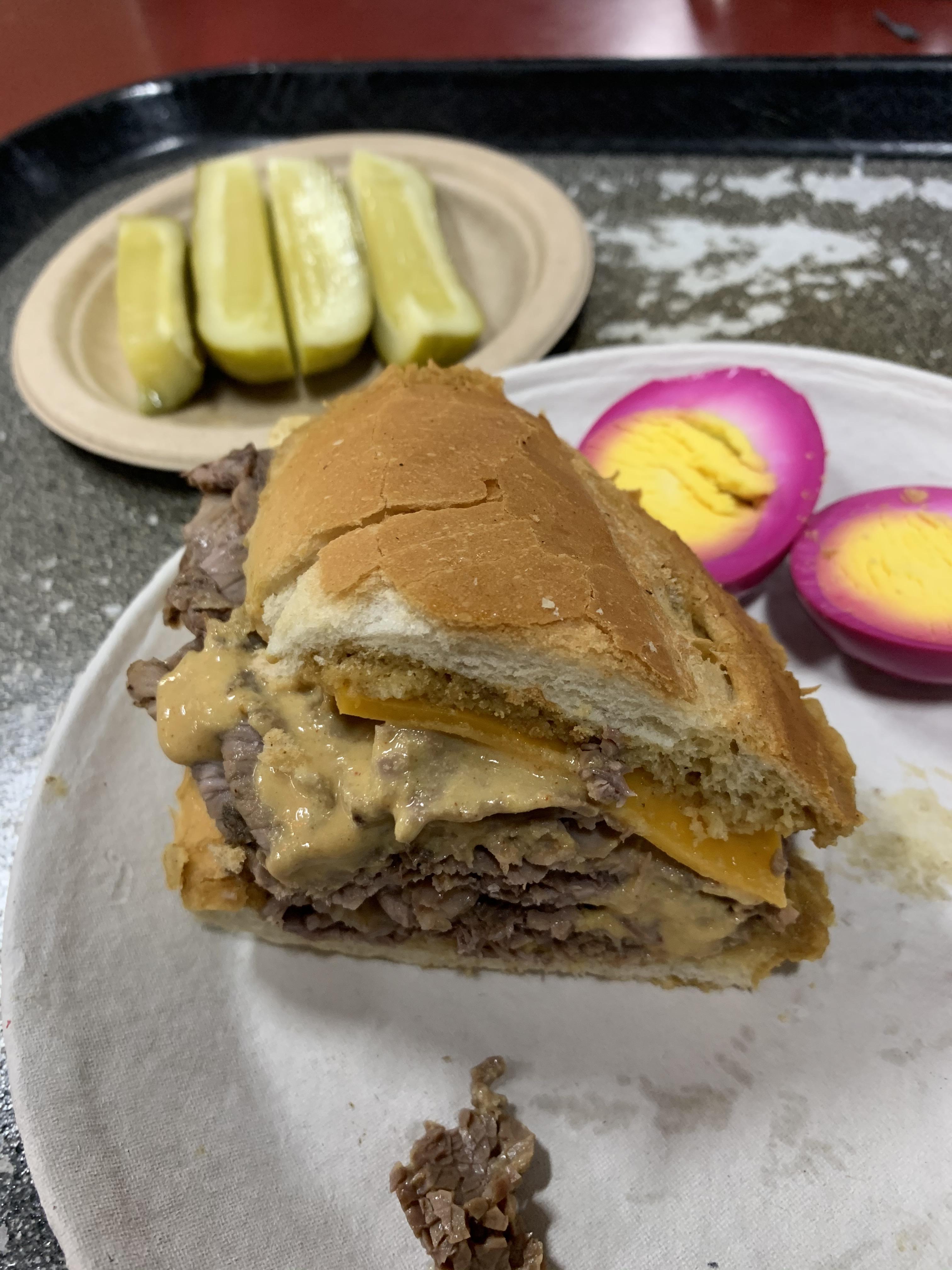 Beef and Cheddar with lots of super hot mustard, served wet; from
