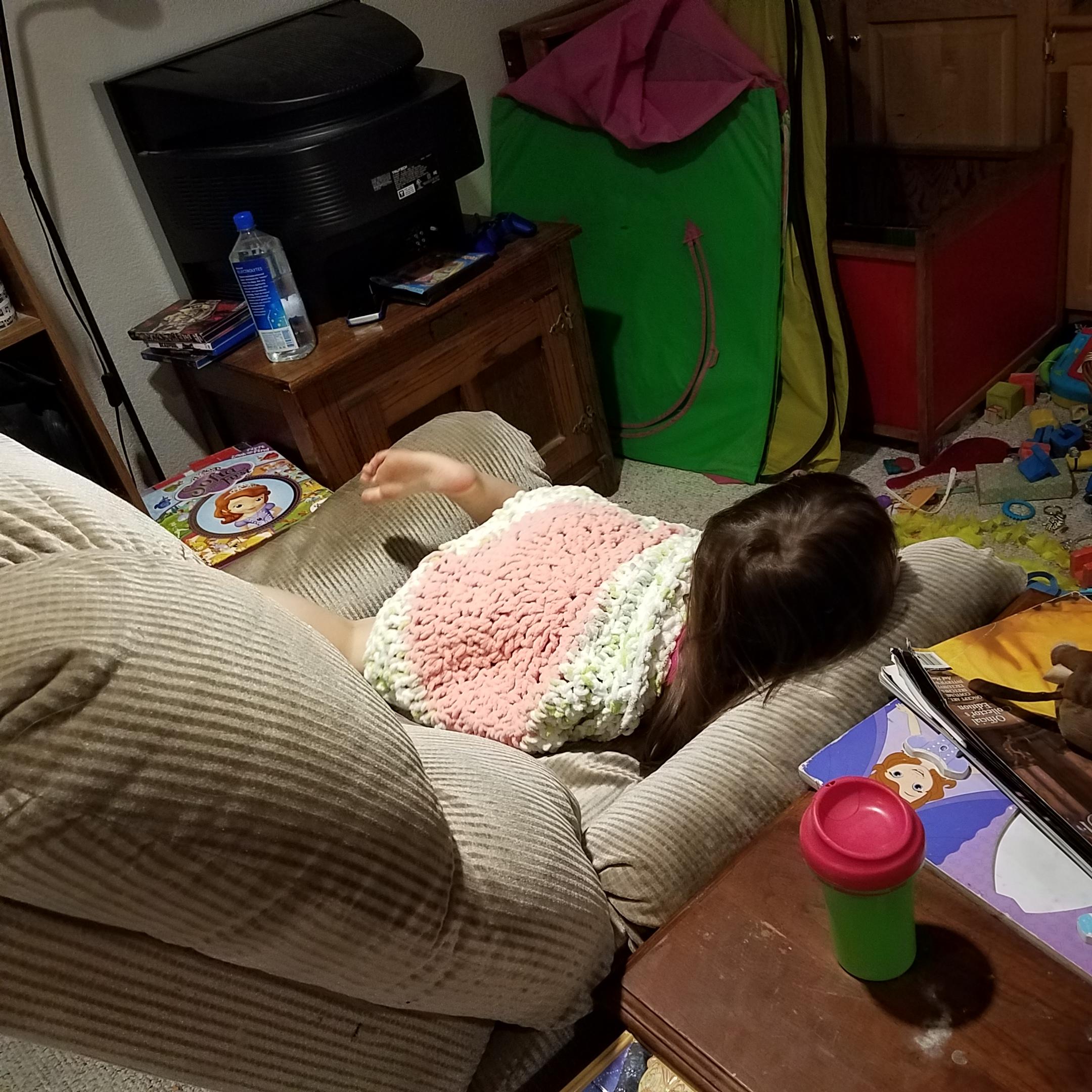 I made a cat bed using scrap bernat baby blanket yarn and my daughter