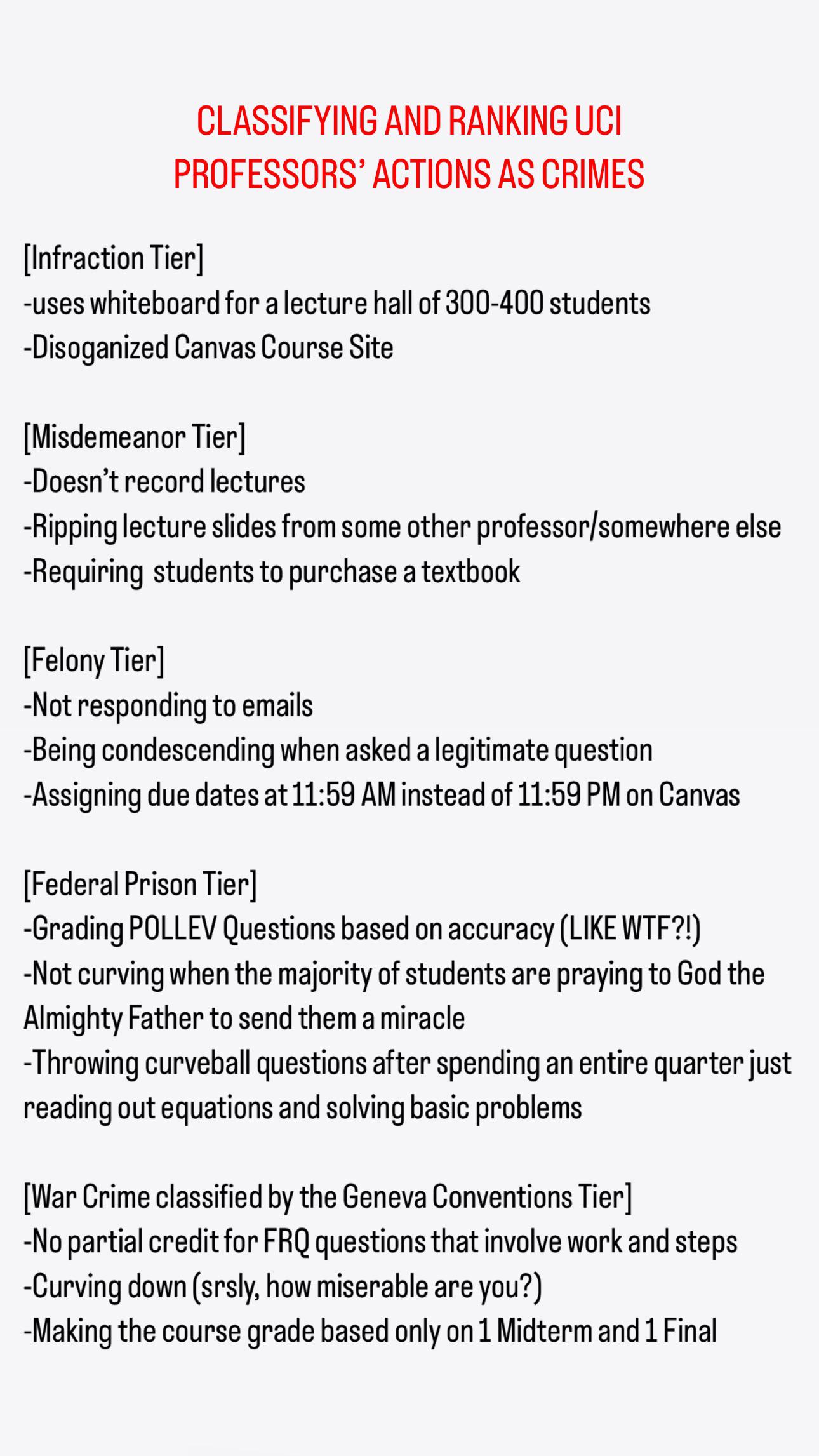 Classifying and Ranking UCI Professors’ Actions as Crimes r/UCI