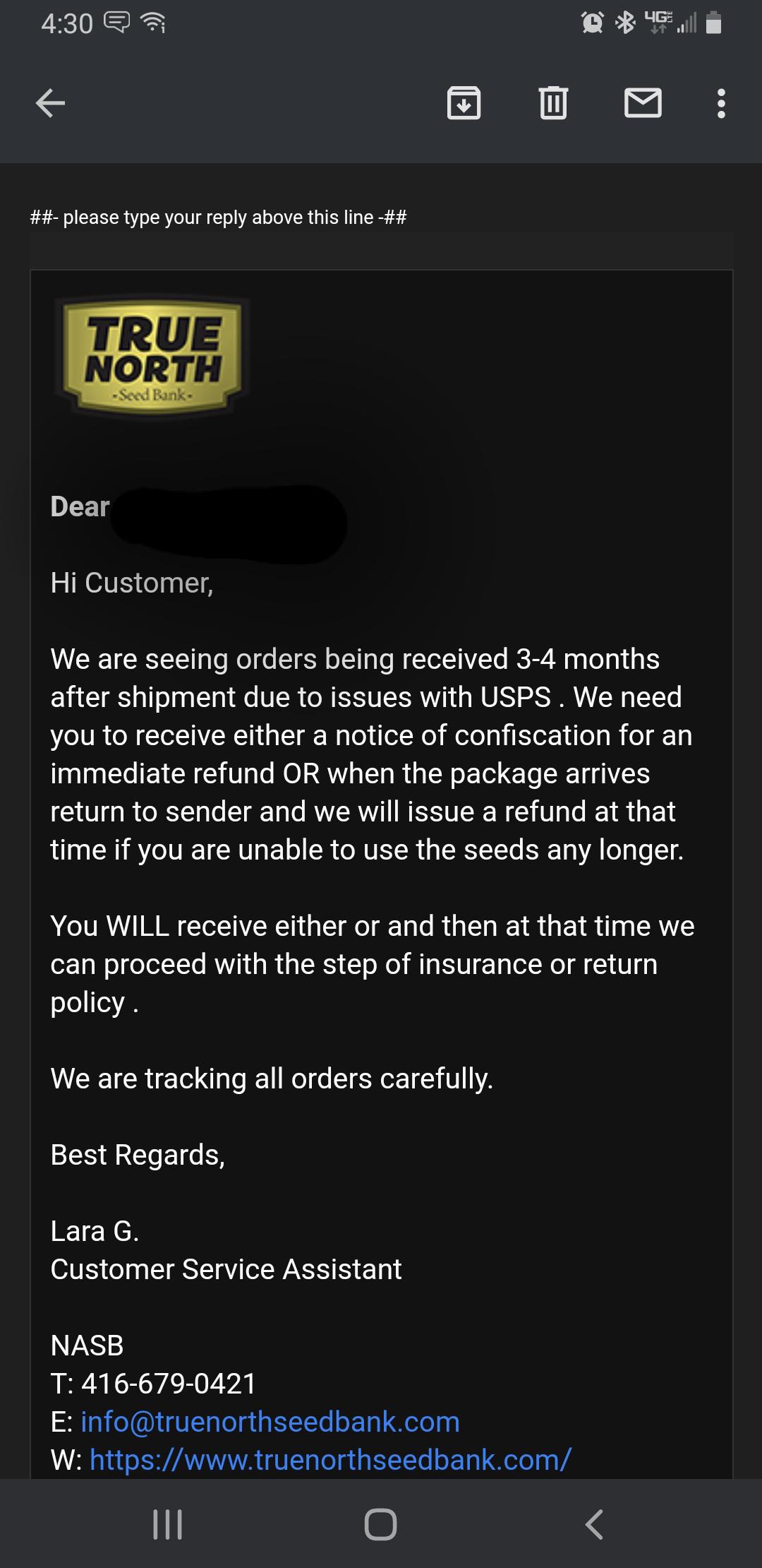 Don't trust True North seed bank. Will not help with order that never