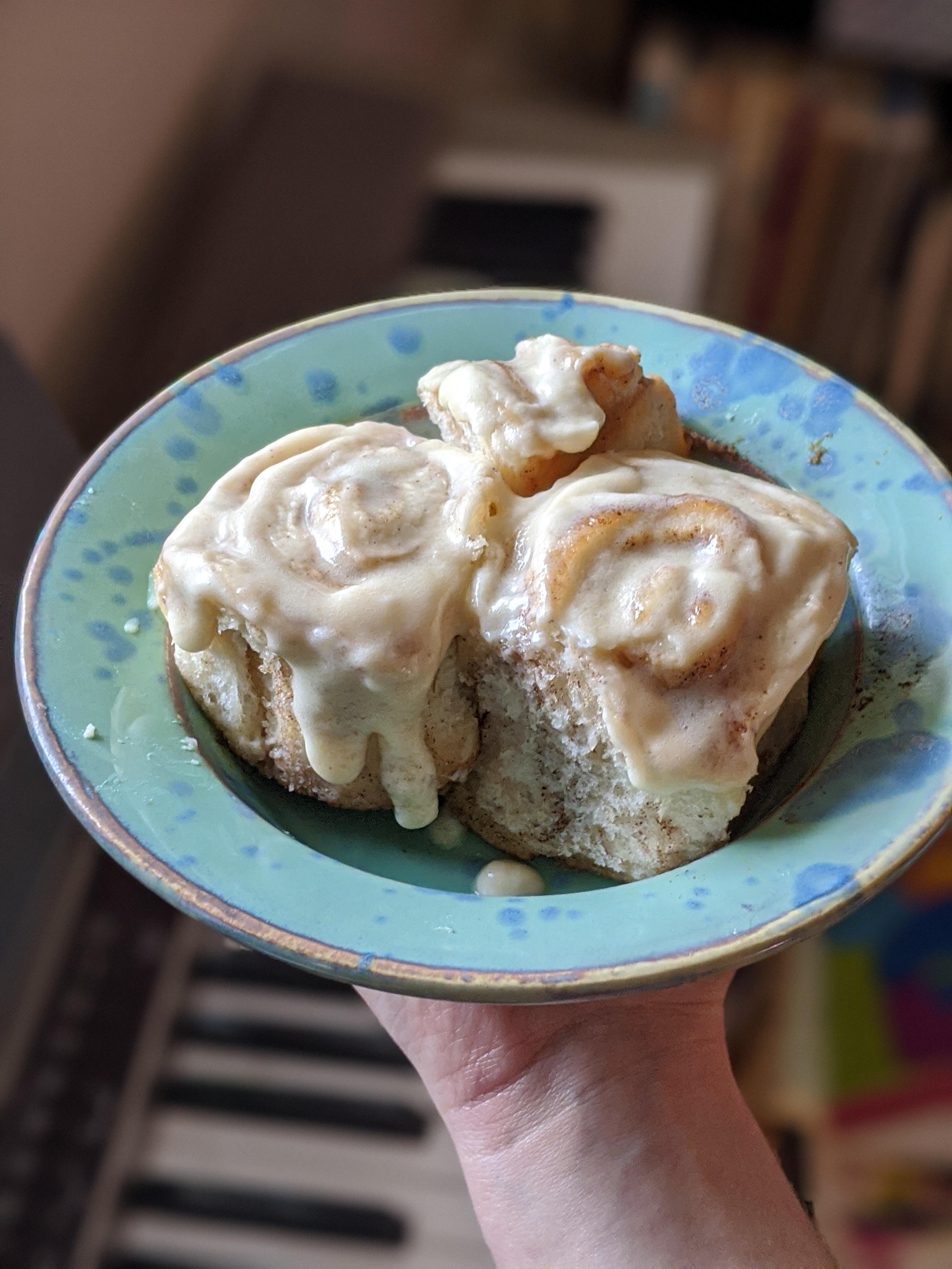 I baked cinnamon rolls with vegan cream cheese icing! (And then ate