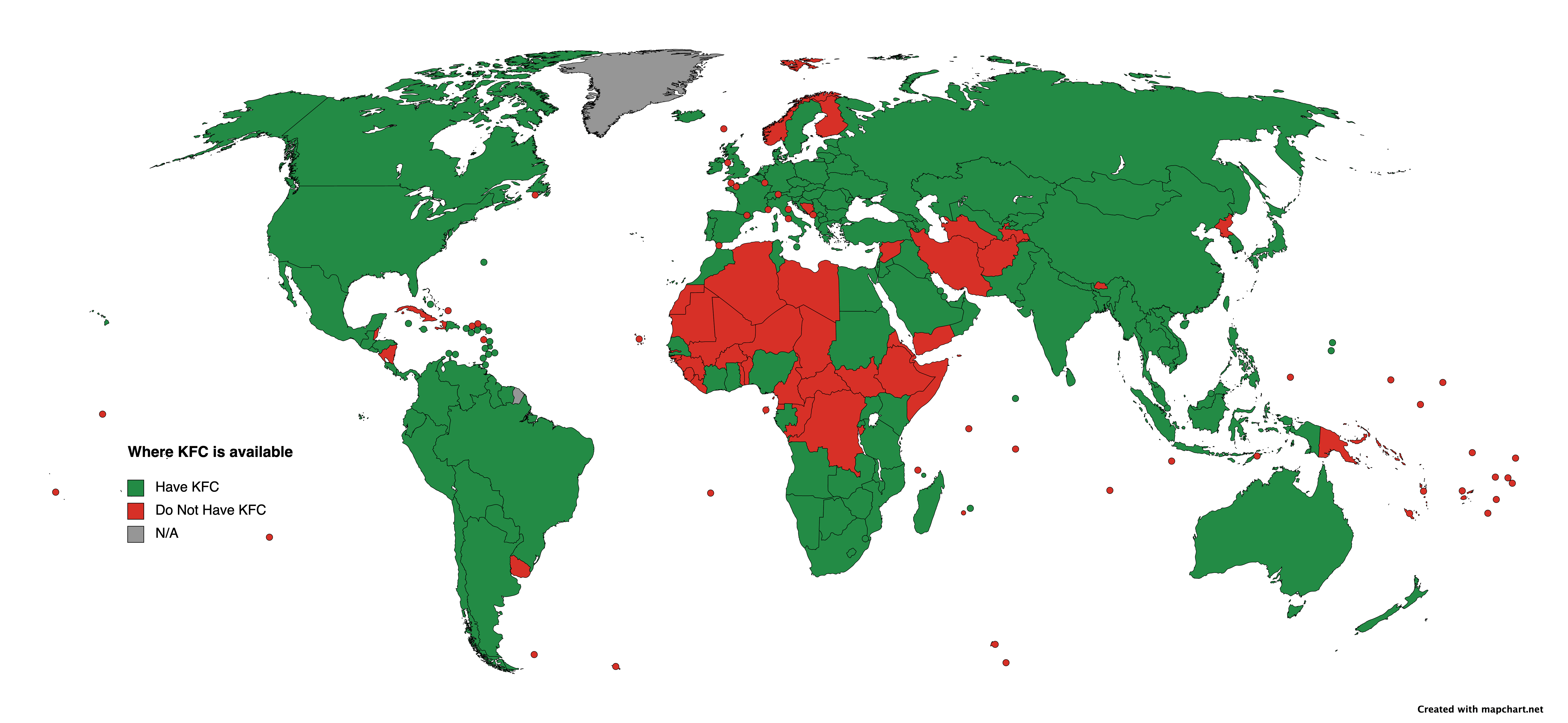 Countries that have KFC based off KFC site MapPorn