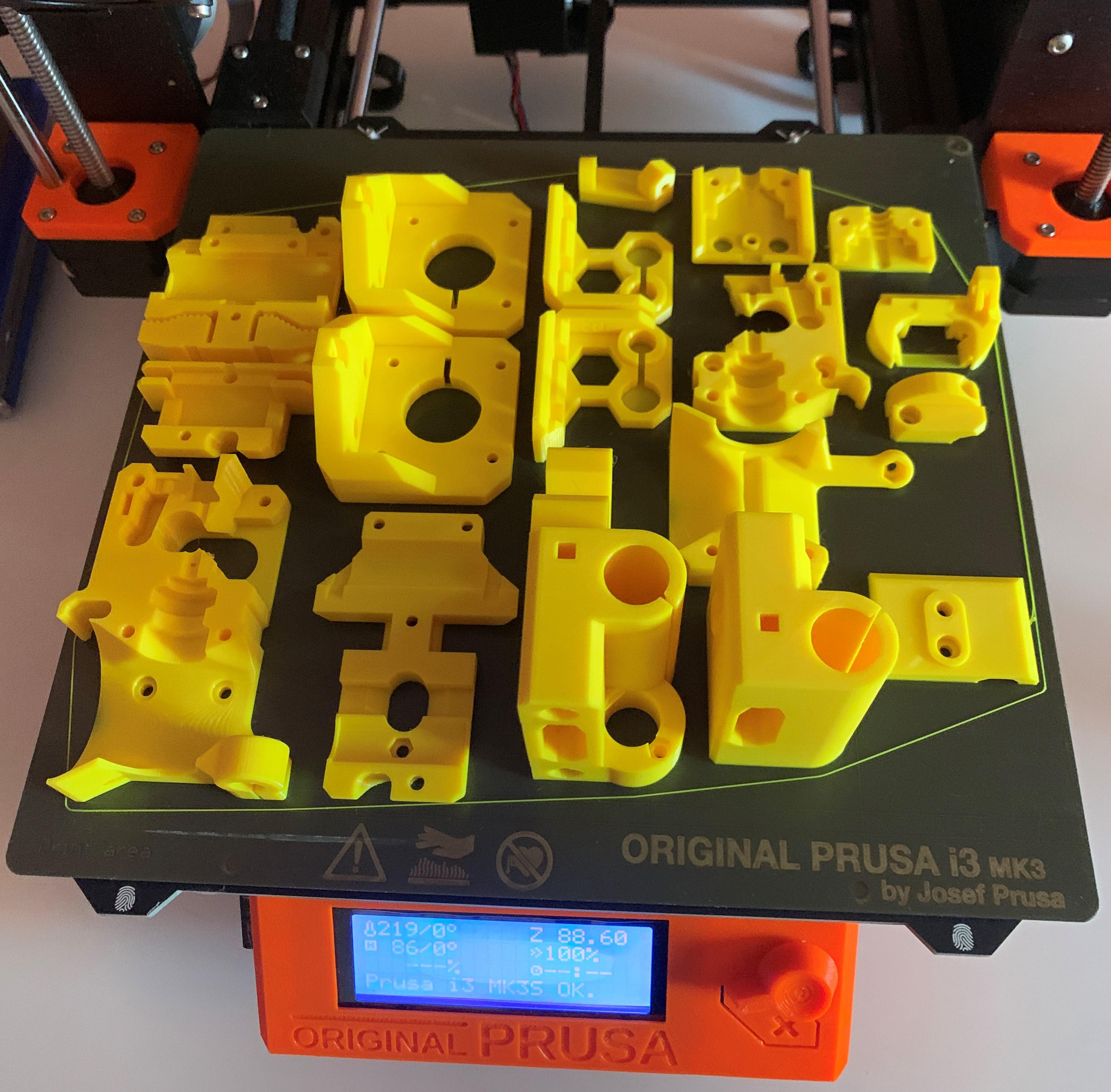 Parts for my i3 MK3S in yellow. 75h, 0.25 mm nozzle, 0.1 mm layers