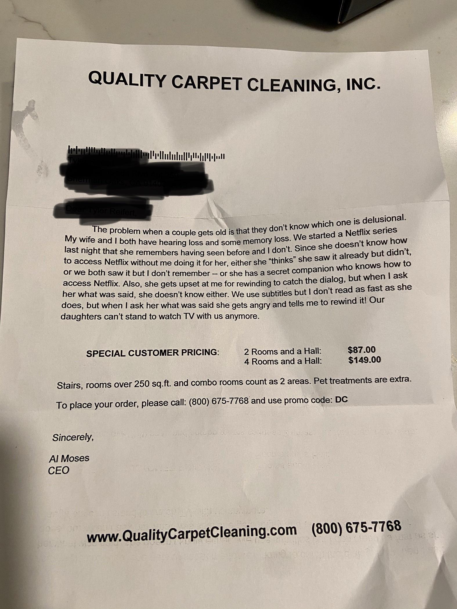 The carpet cleaners send an annual letter to its customers. This is the