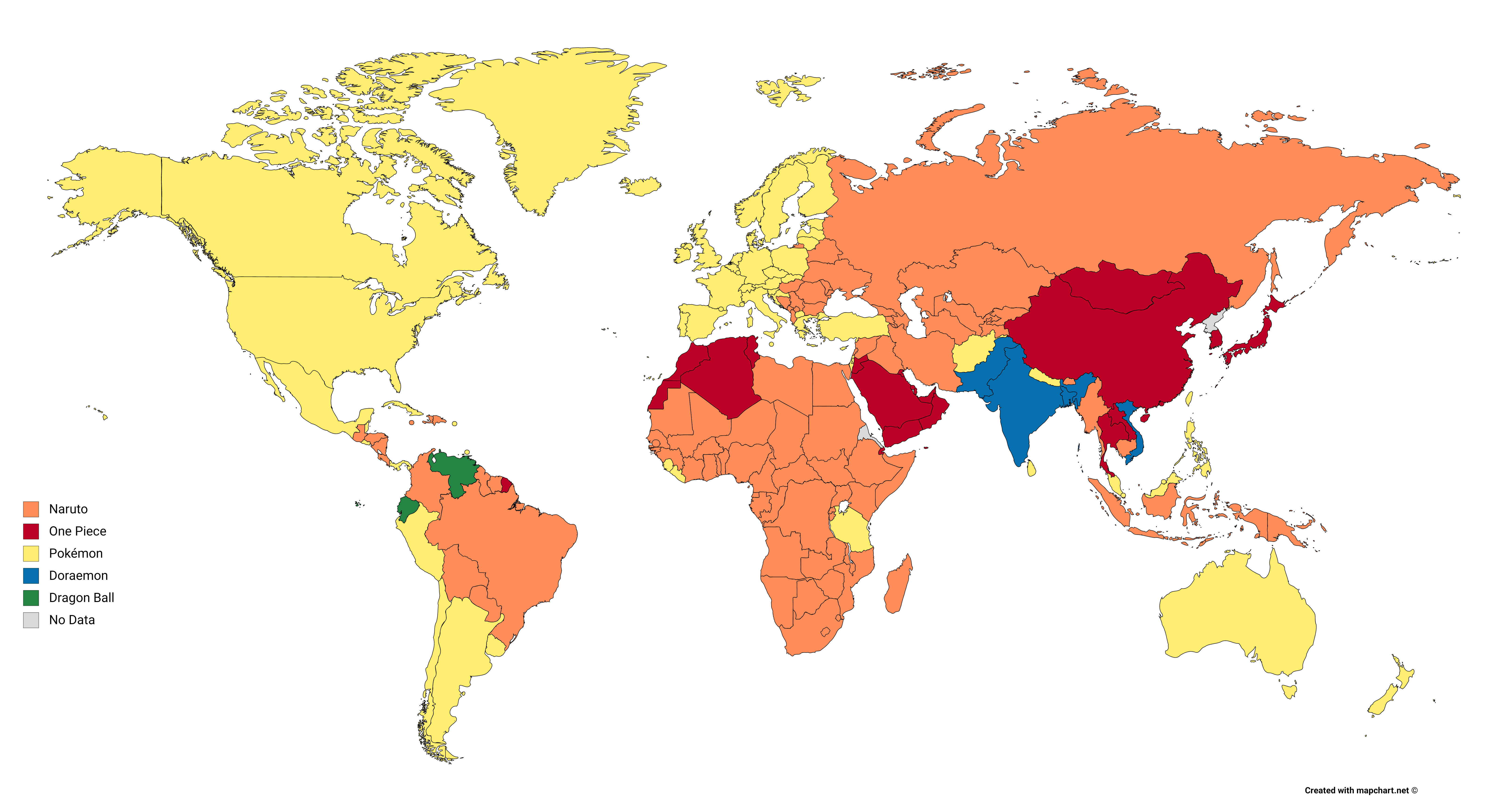 The most popular anime by country (In the last 5 years). r/MapPorn