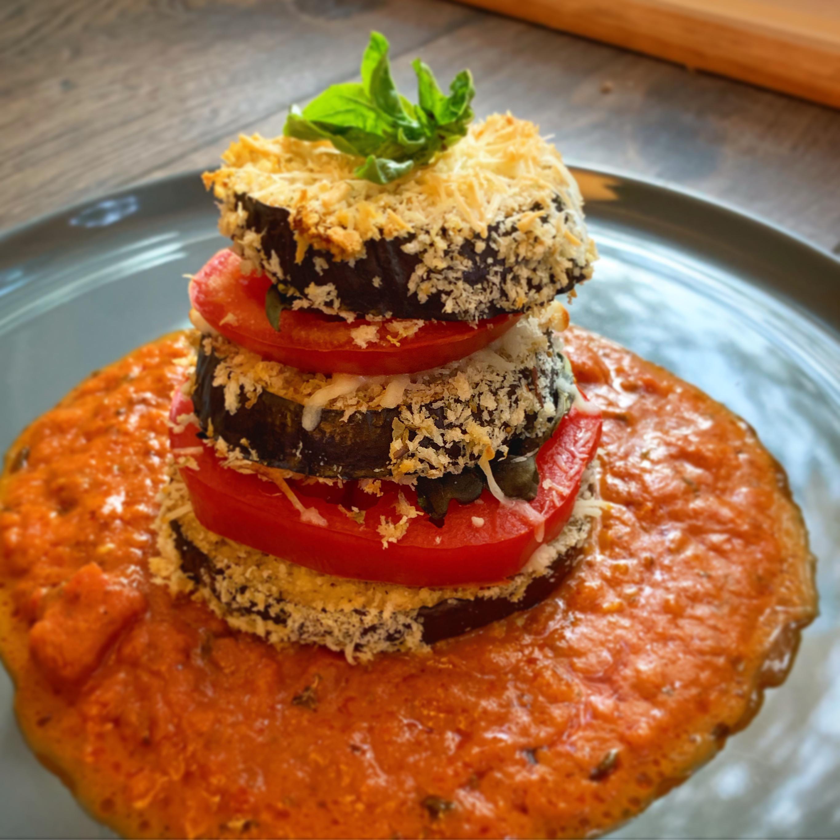 Baked eggplant parm tower homemade after a visit to the farmers market