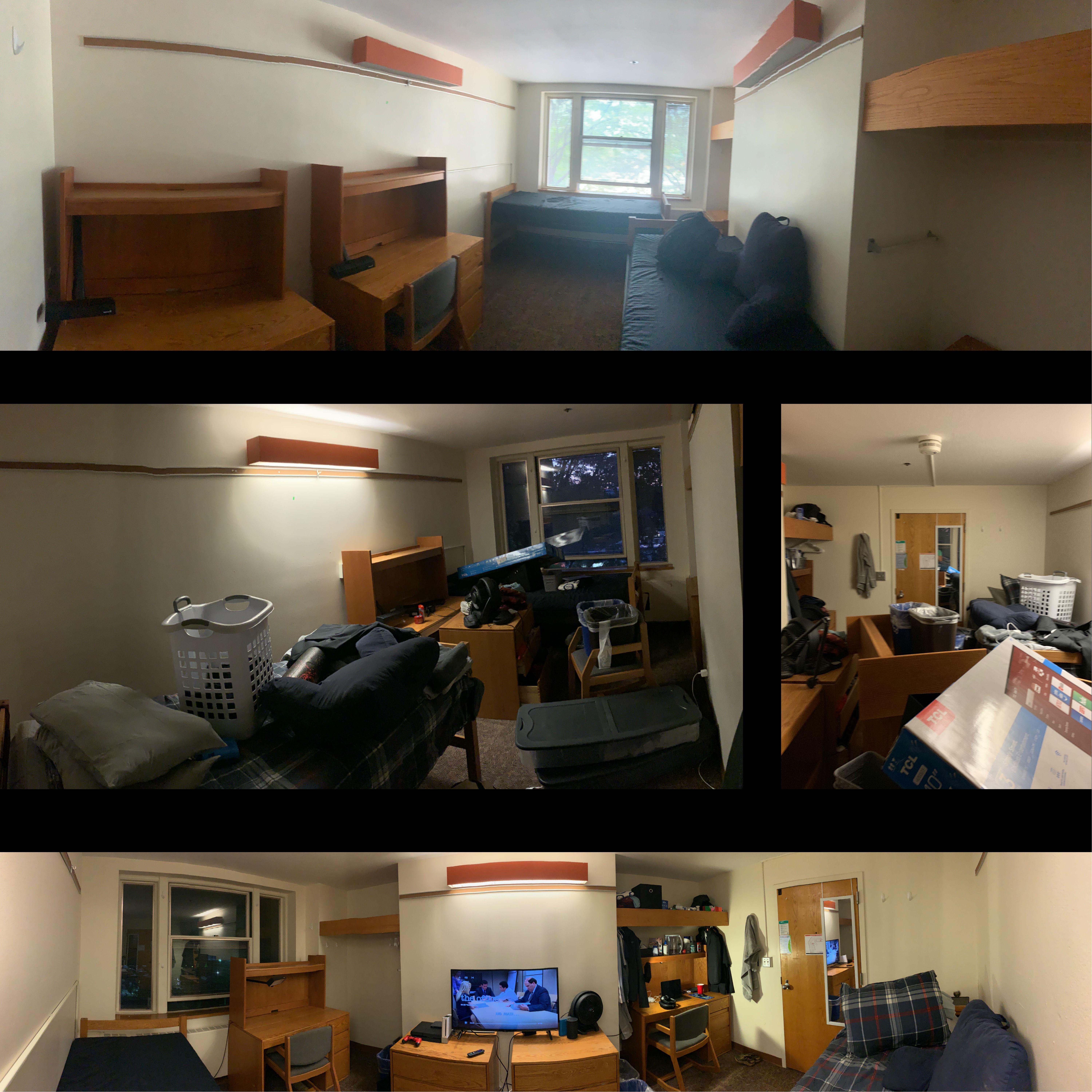 The before, during, and after of a Sheldon dorm room transformation