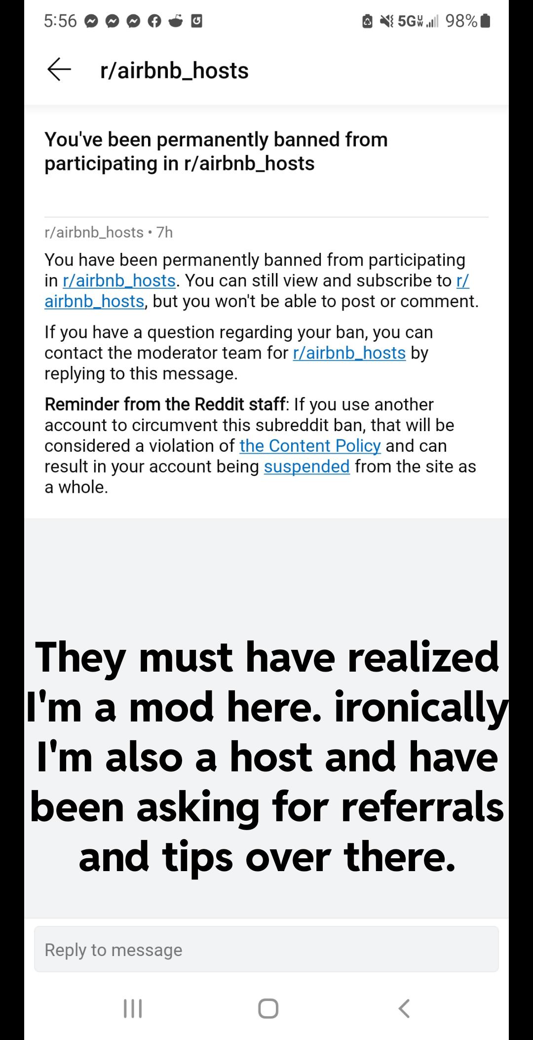 Randomly Banned From r/airbnb_hosts Despite Not Posting Over There In More Than a Month r/REBubble