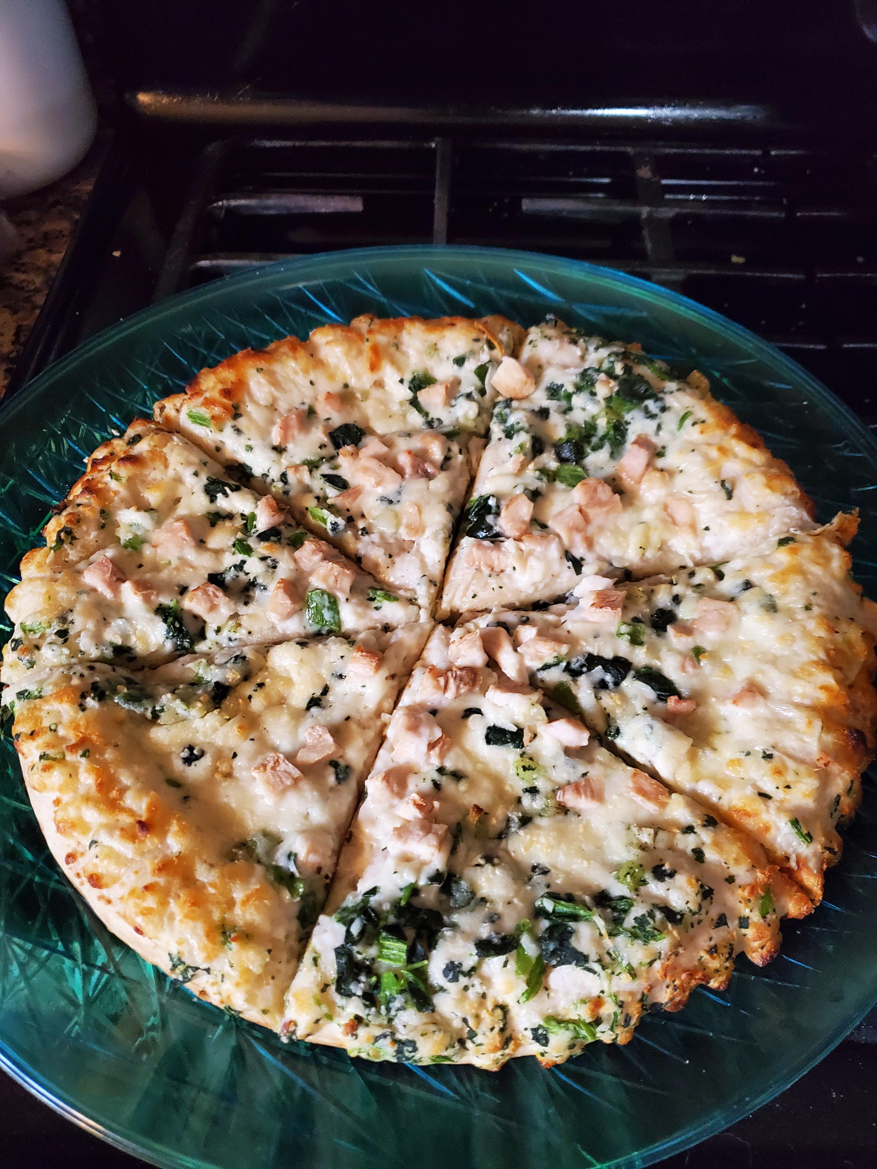 Yesterday's dinner Mama Cozzi's Rising Crust Chicken, Spinach and Garlic Pizza. Can't beat this