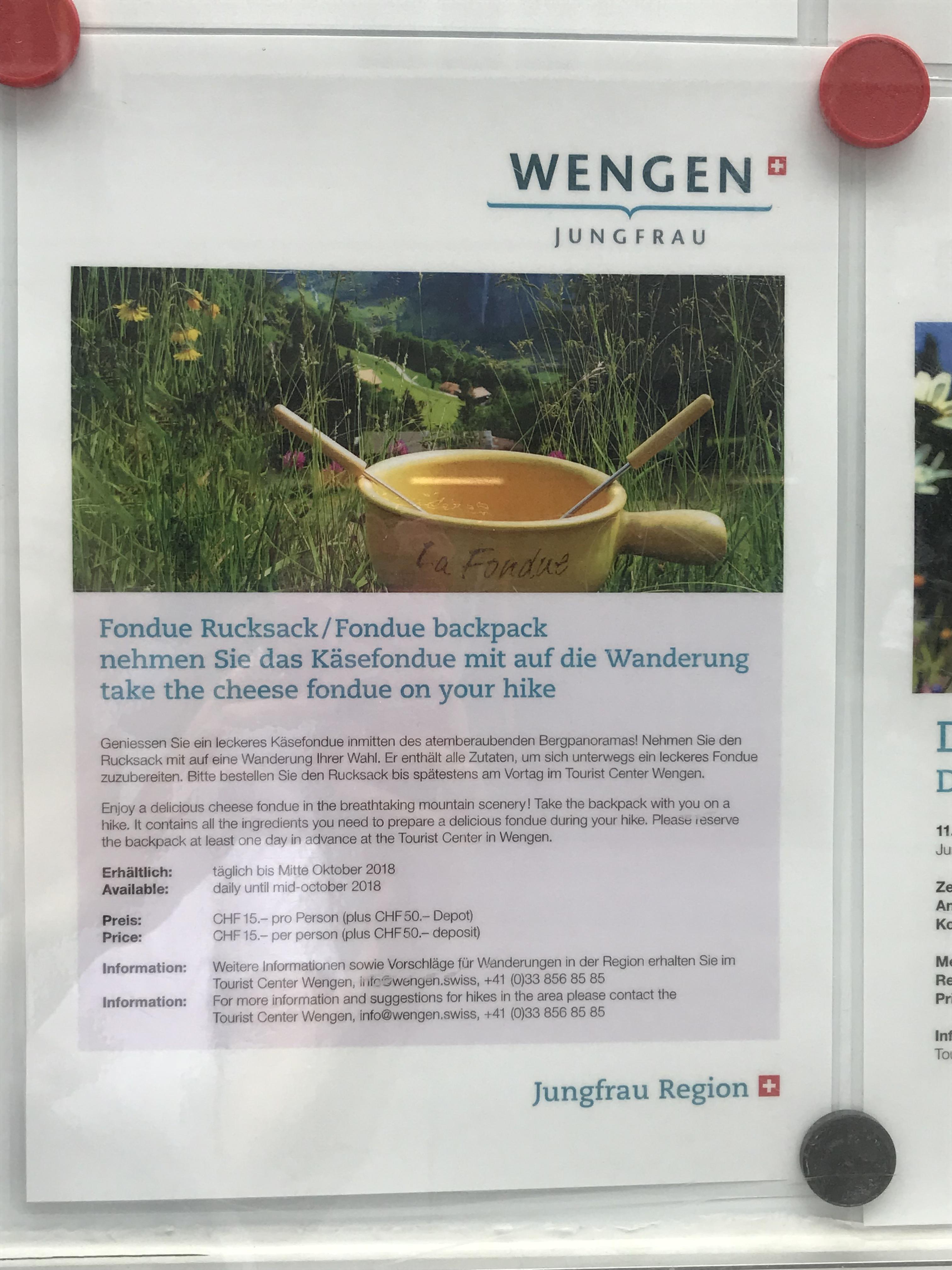 Fondue hiking backpack offered by the official visitor center in the alpine village of Wengen