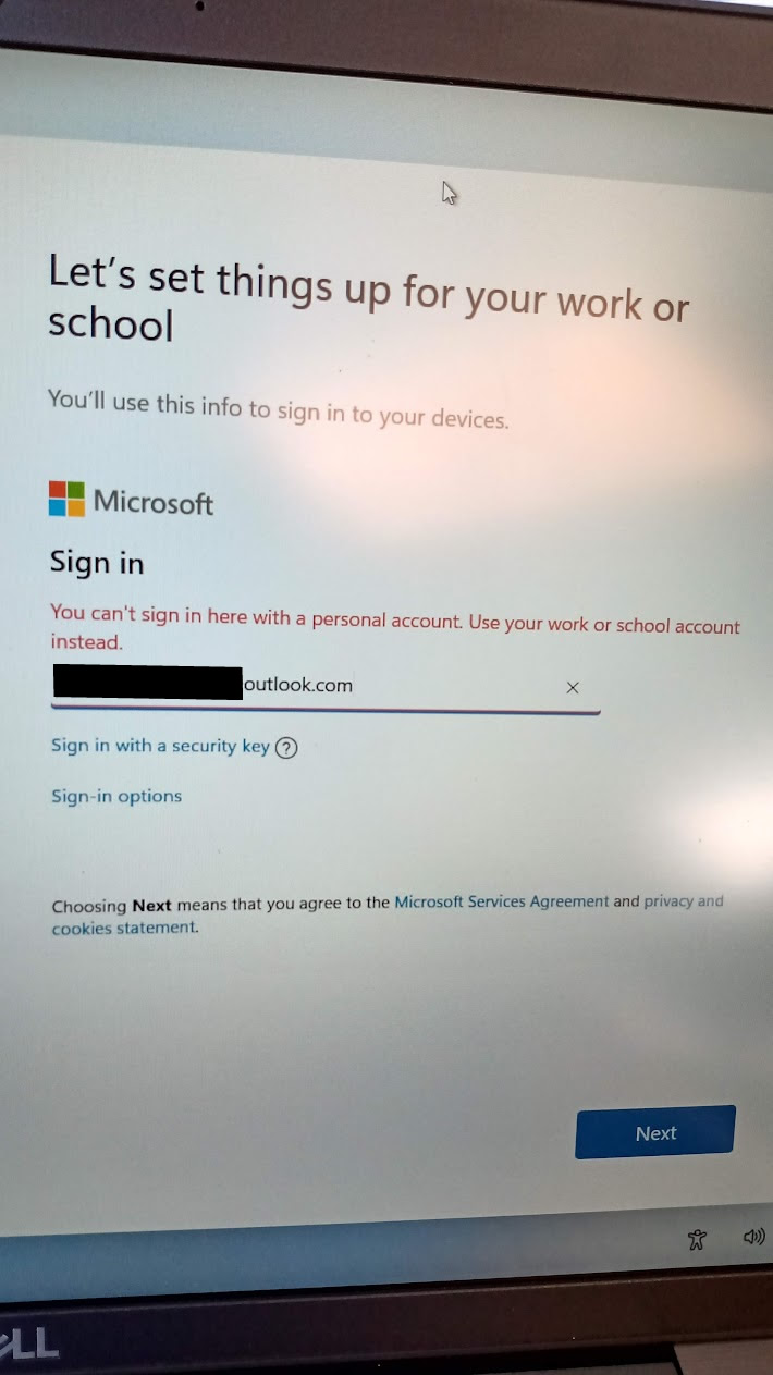 "You can't sign in here with a personal account. Use your work or