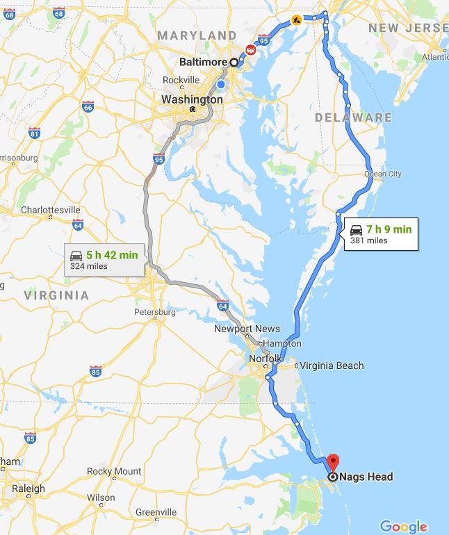Baltimore, MD to the Outer Banks of North Carolina. Which route should we take and what is there