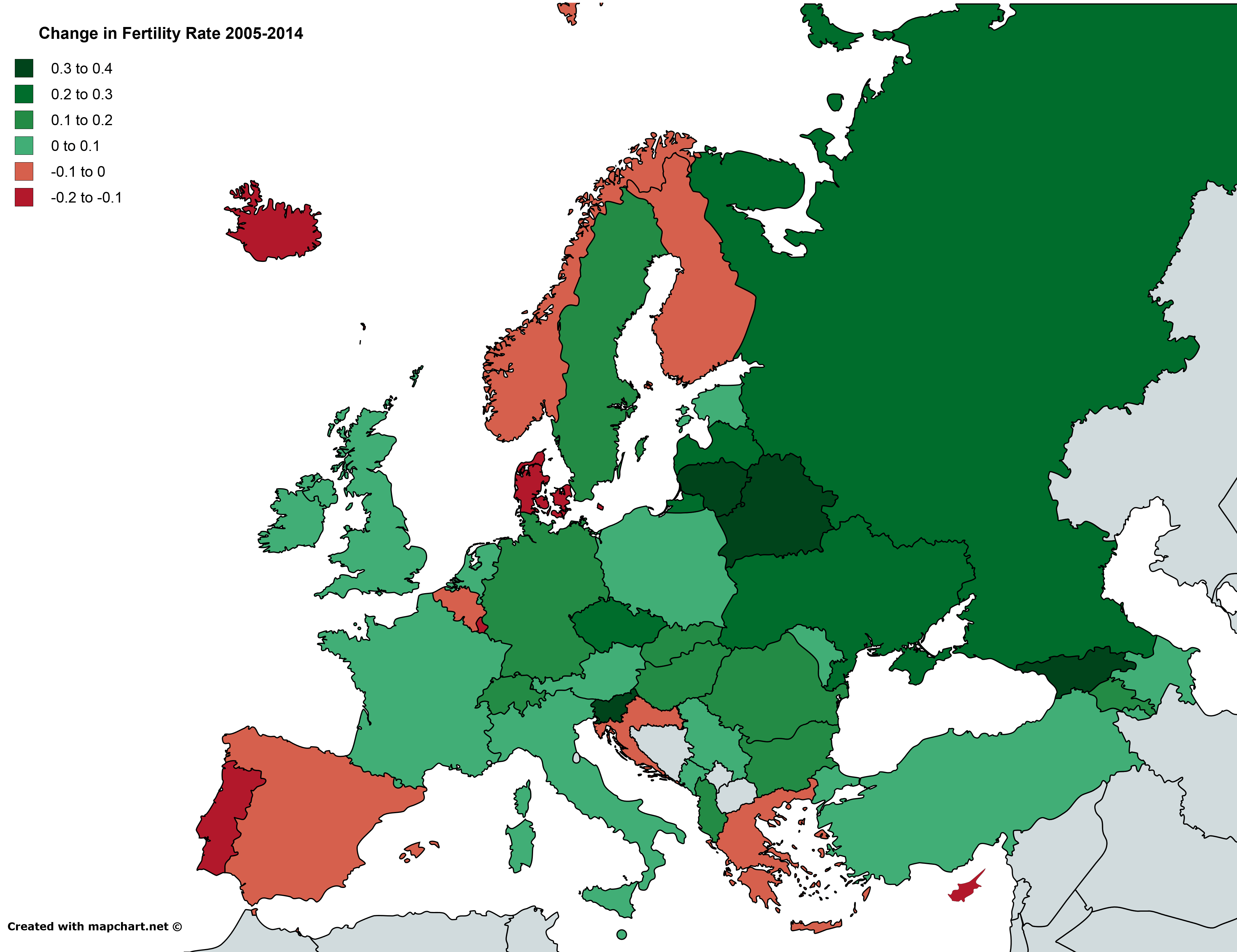 Fertility Rate Change in Europe (20052014) [OC] [4170x3210] r/MapPorn
