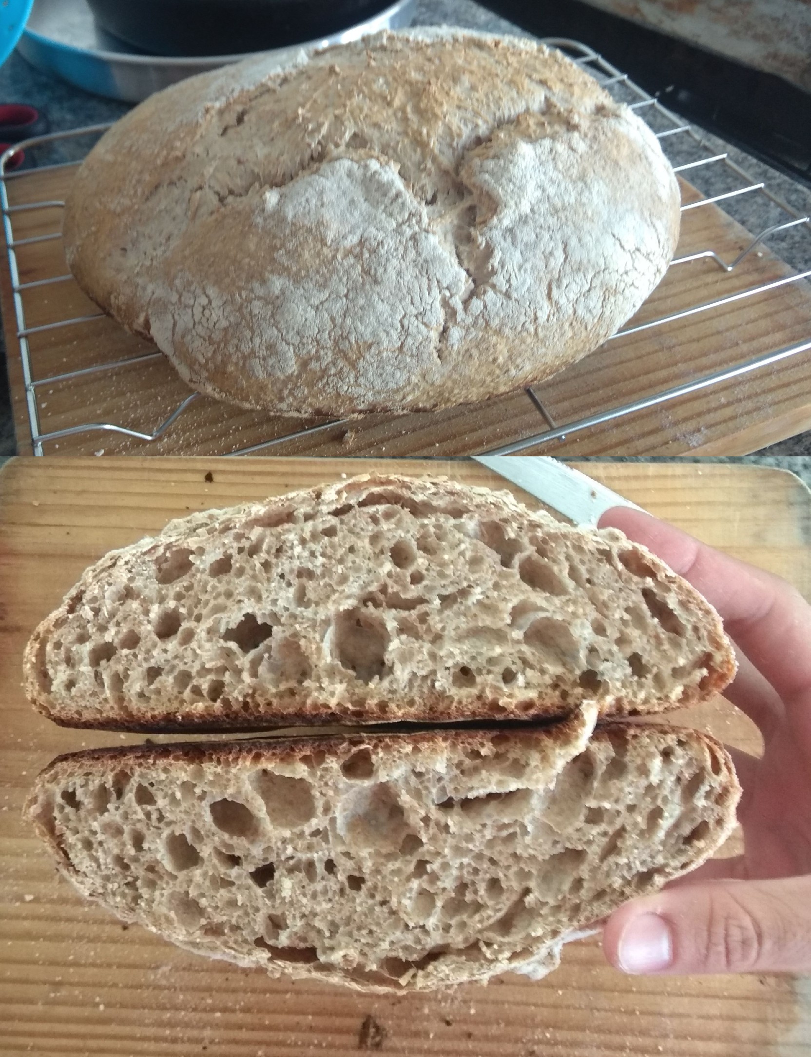 My first time baking a sourdough bread! Not perfect but I'm satisfied