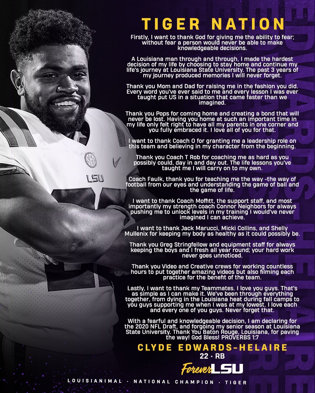 Clyde EdwardsHelaire has declared for the 2020 NFL Draft r/LSUFootball