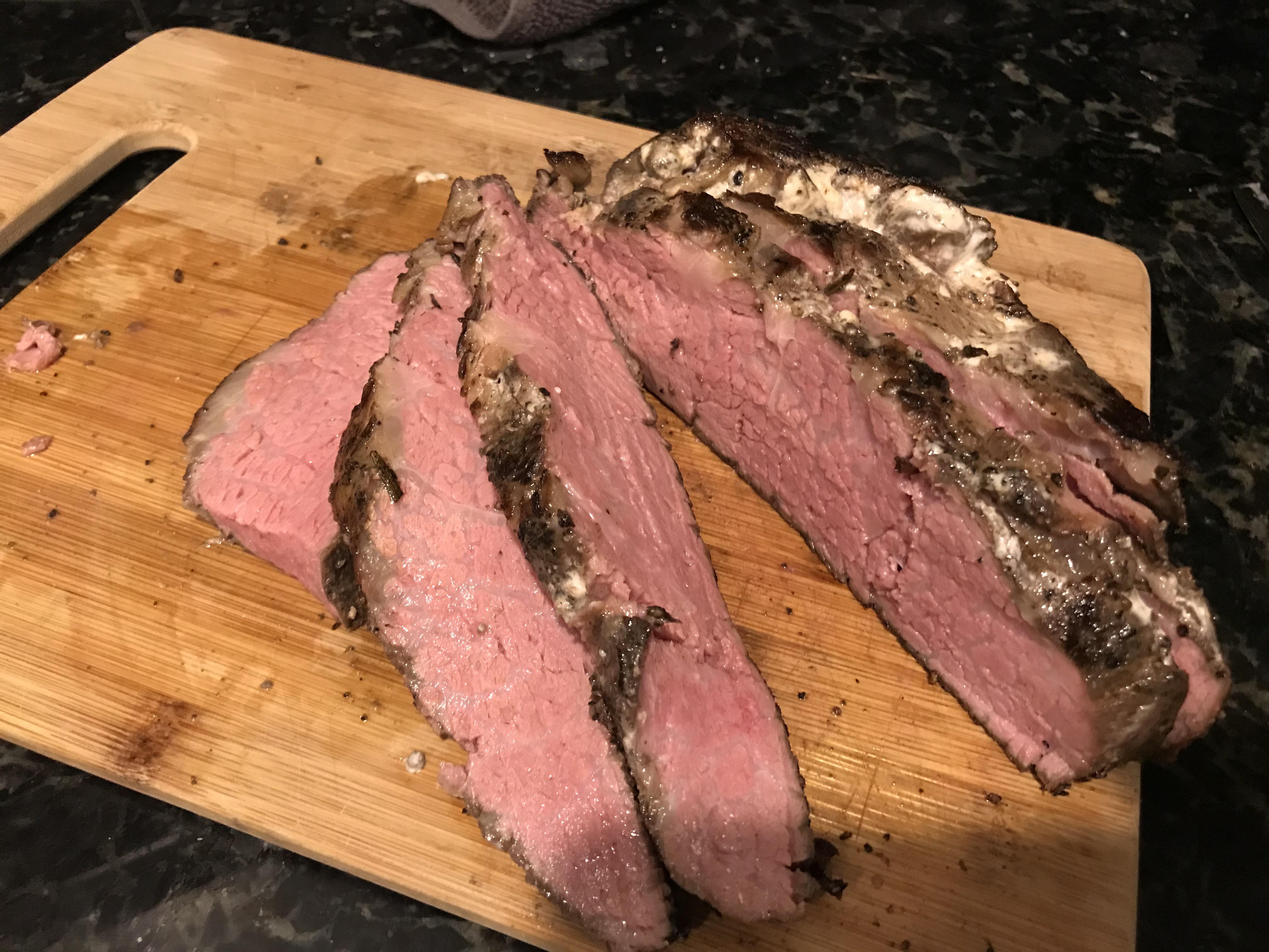 First attempt kosher brisket with prime rib finish (30hrs 135). First