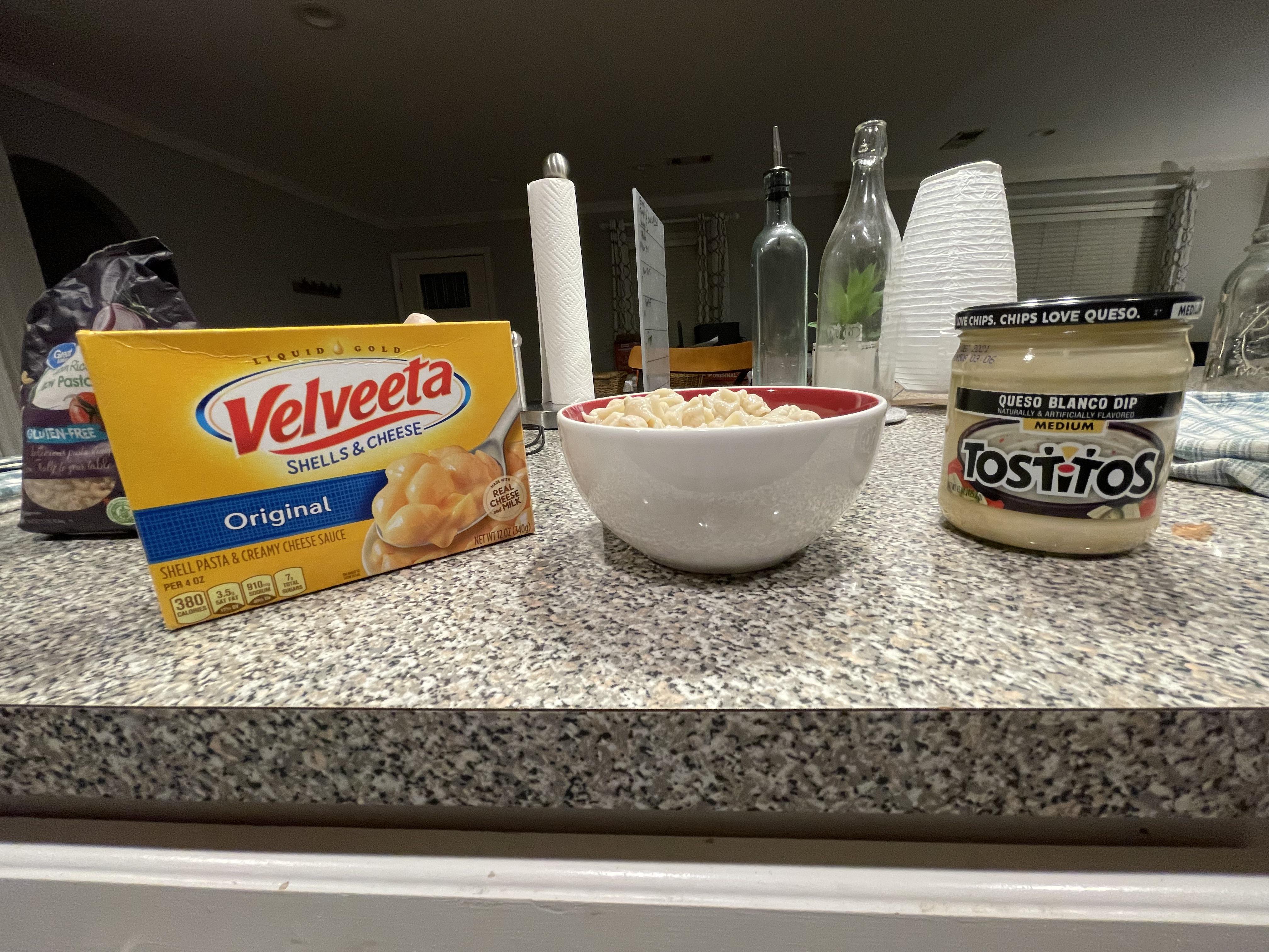 My dinner tonight expired Velveeta shells with tostitos queso as