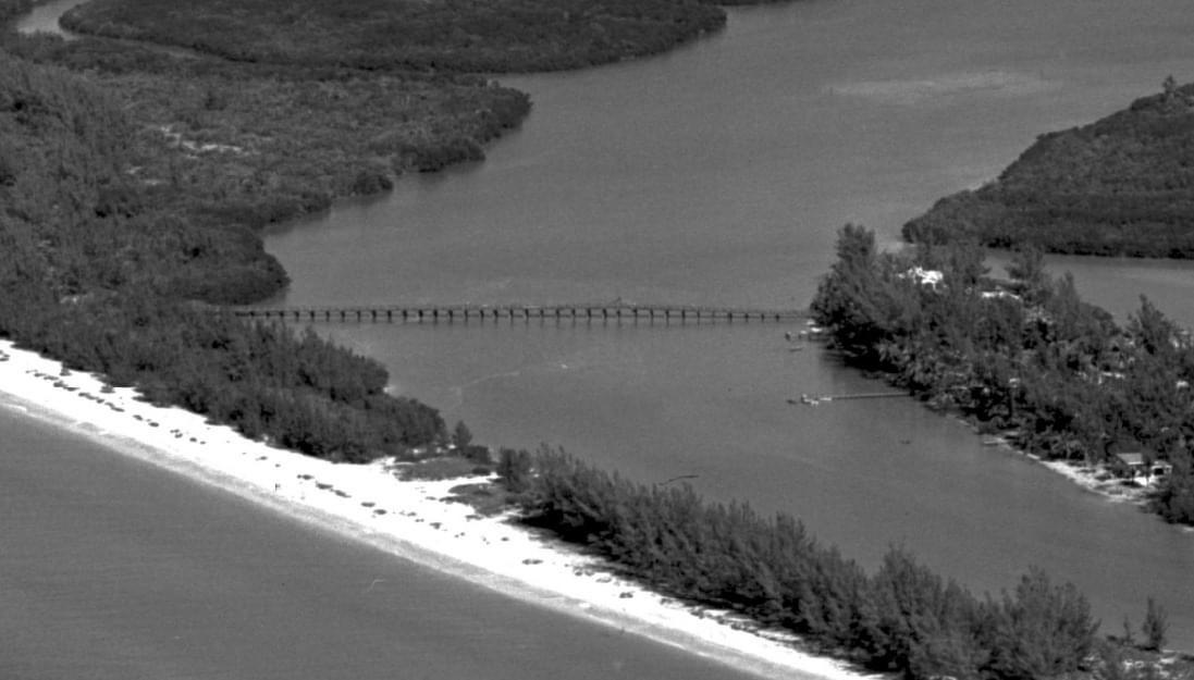 Aerial view of the wooden bridge that connected Sanibel to Captiva at