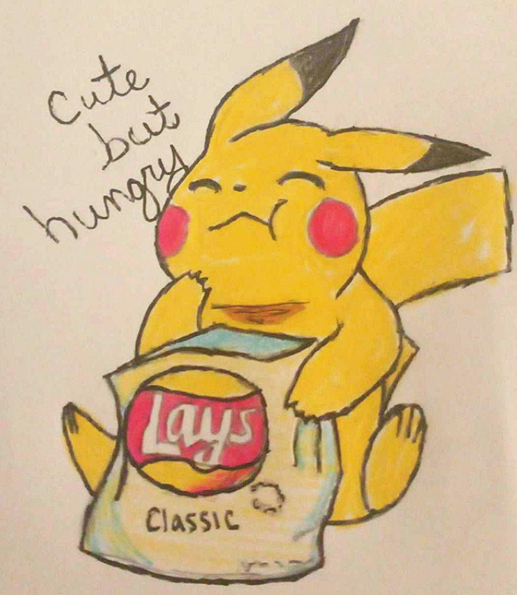 Pikachu eating Lay's potato chip, pencil, Colored pencil, and ball point pen r/drawing