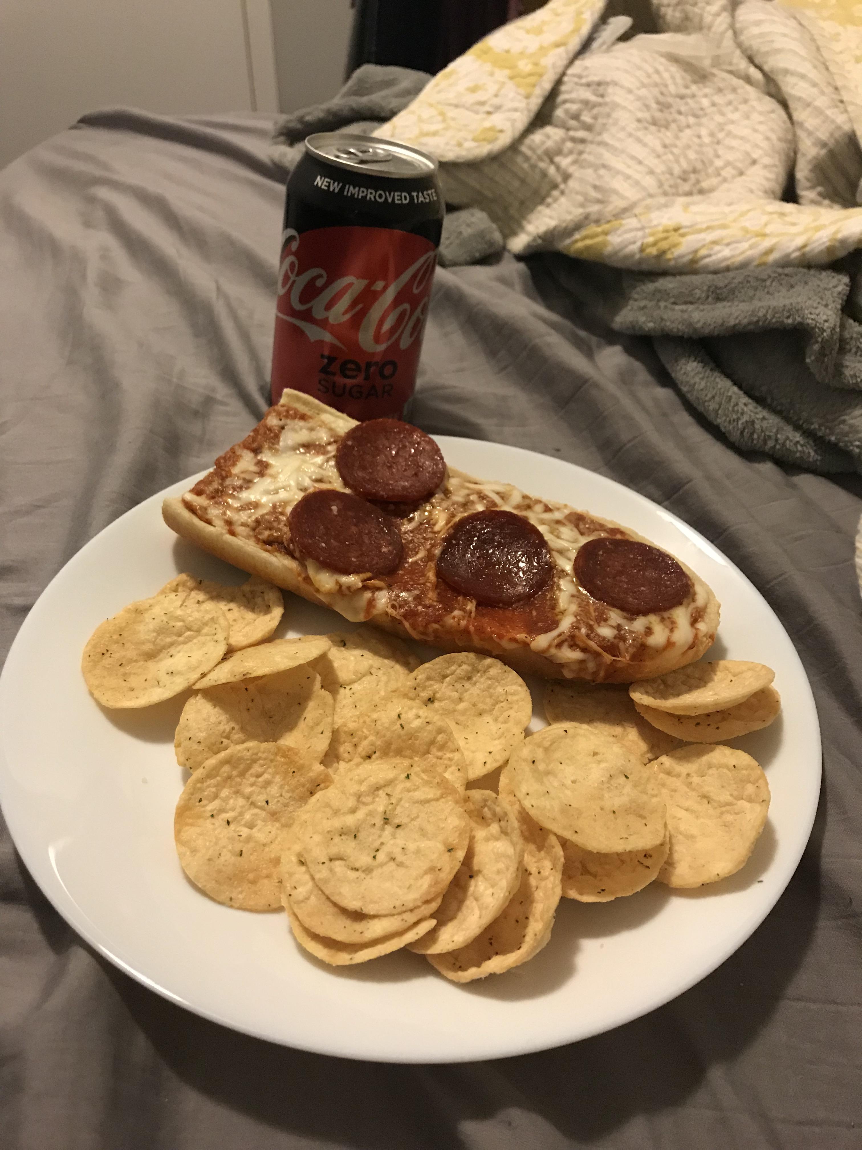 Sometimes you need to eat pizza and chips in bed. 430 cal r/1200isplenty