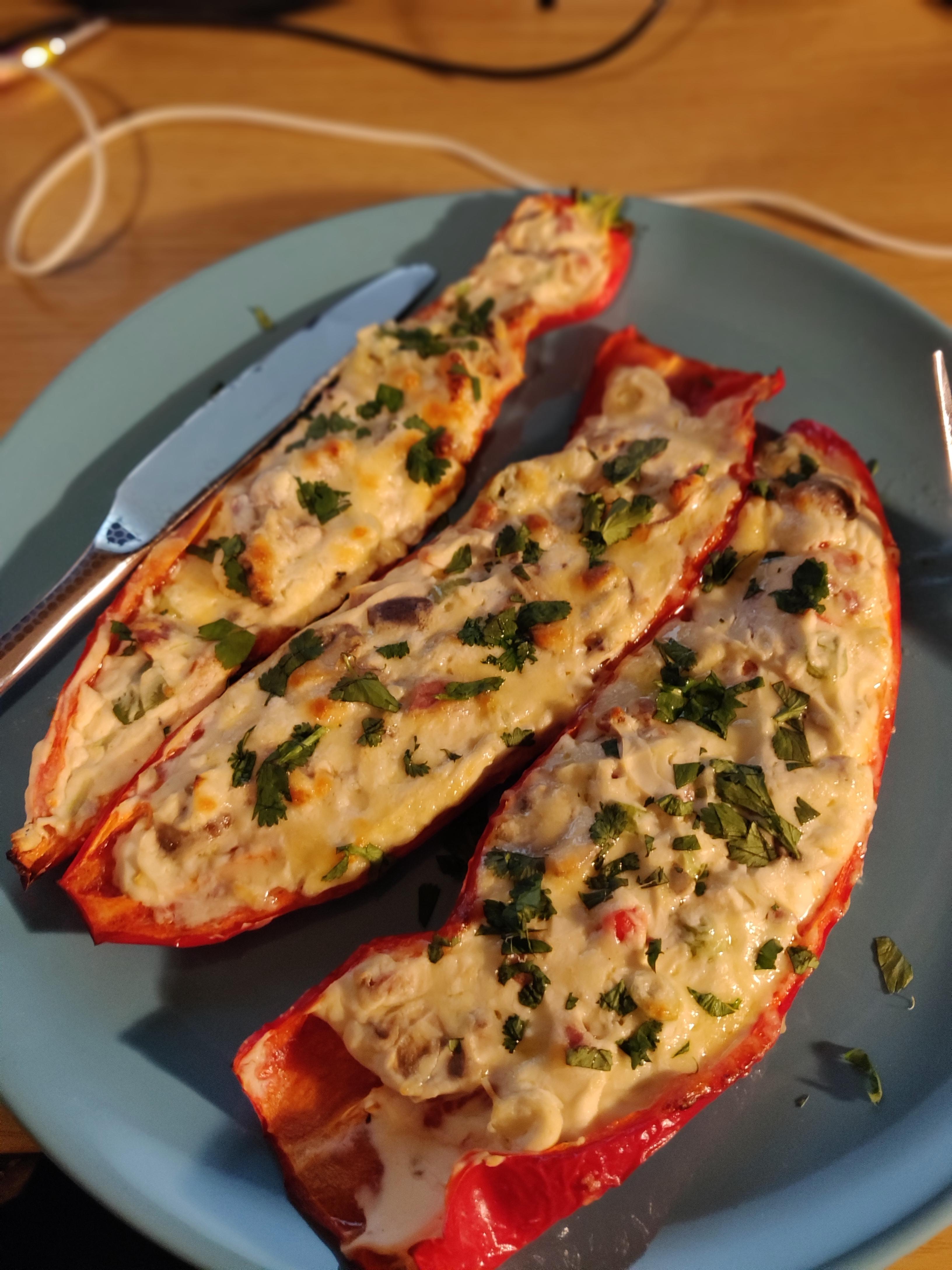 [homemade] roasted sweet peppers stuffed with cream cheese, pancetta