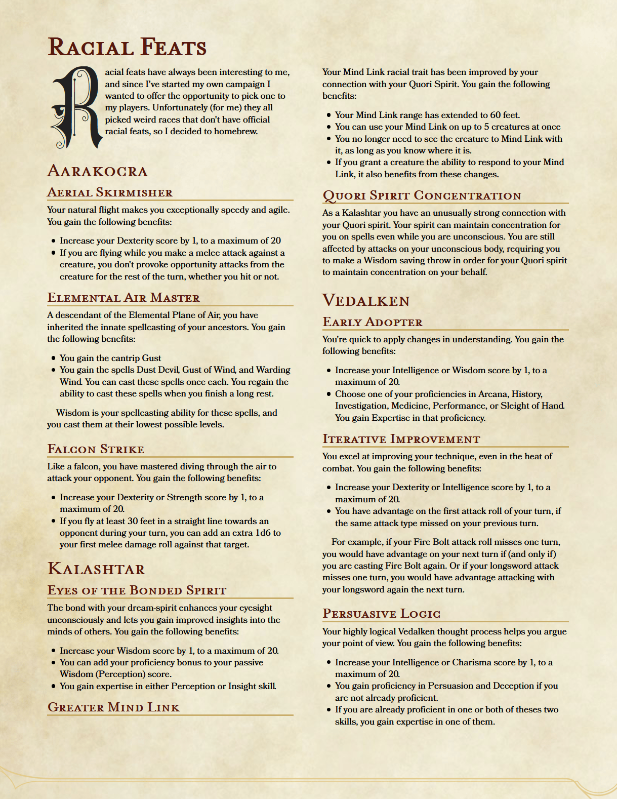 [OC][Homebrew] Racial feats for Aarakocra, Kalashter, and Vedalken! r/DnD