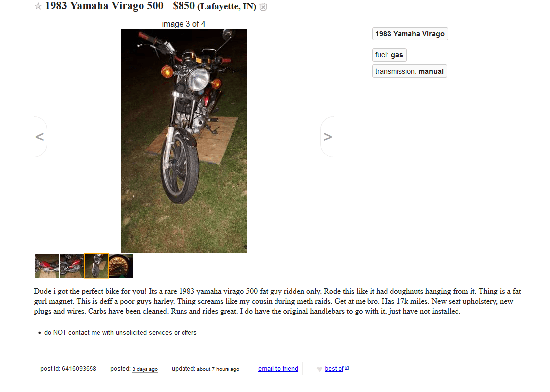 This guy on Craigslist makes this used motorcycle sound very tempting