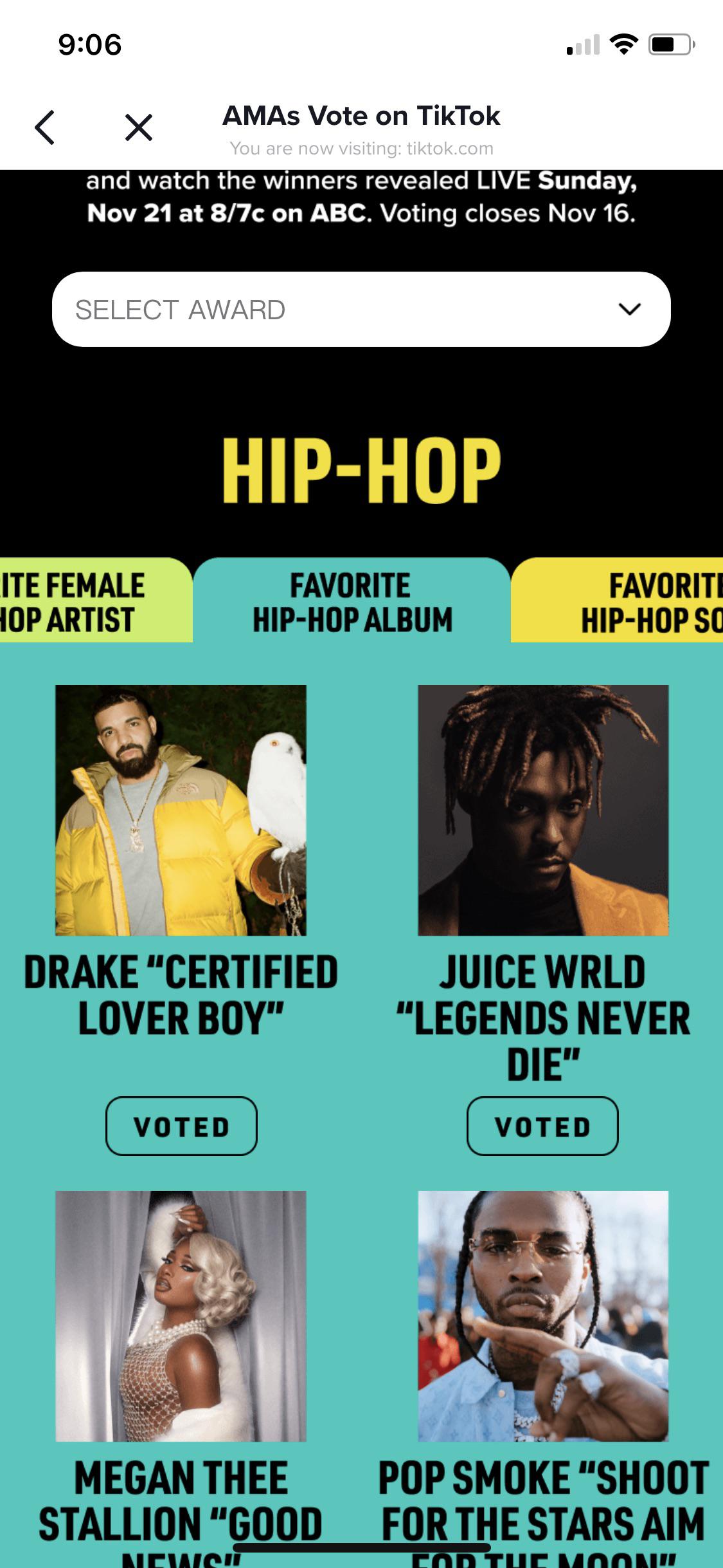 Reminder to vote Juice WRLD’s Legends Never Die for AMAs favorite Hip