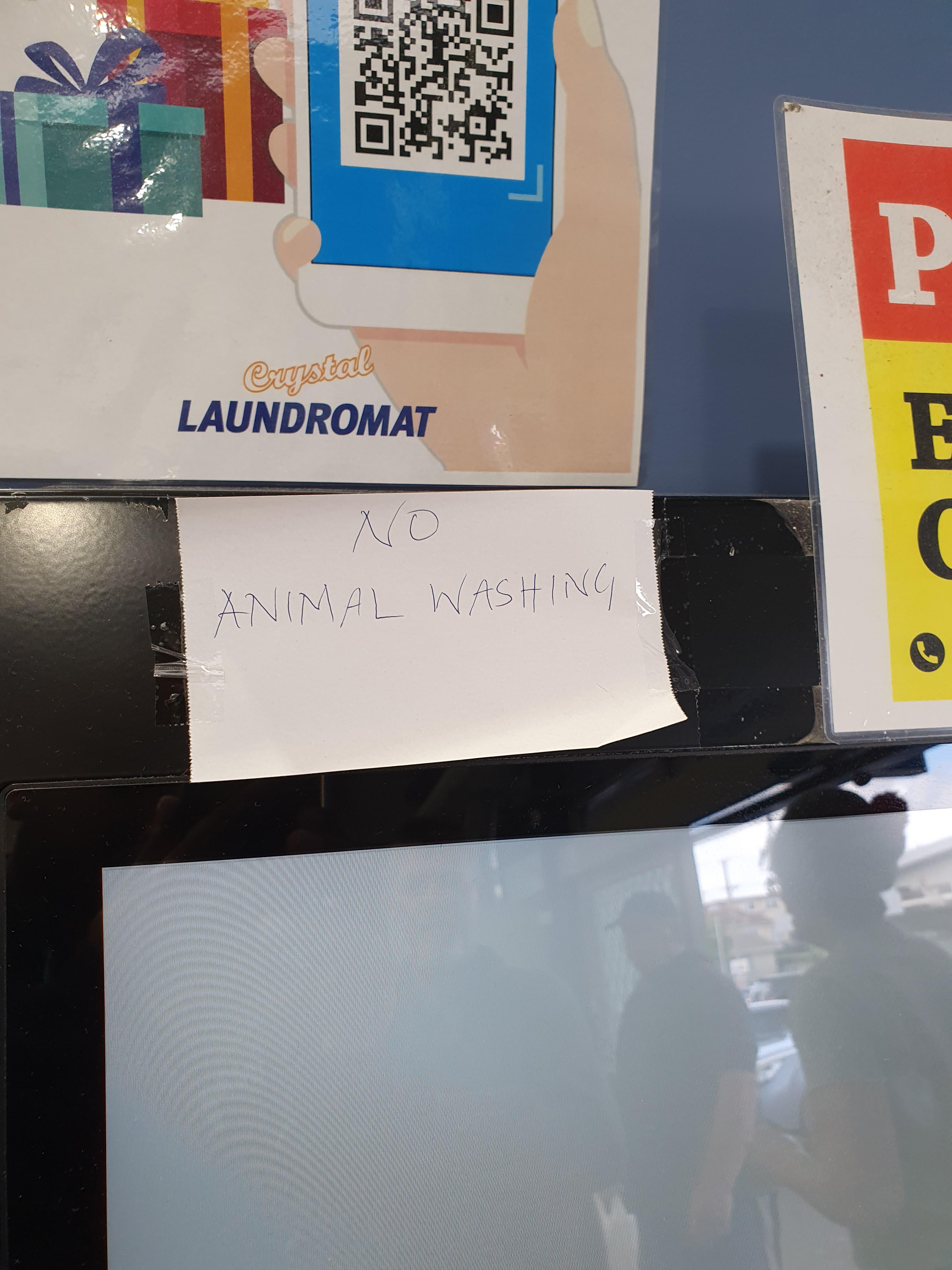 This sign at my laundromat. It actually meant to not wash cat/dog mats