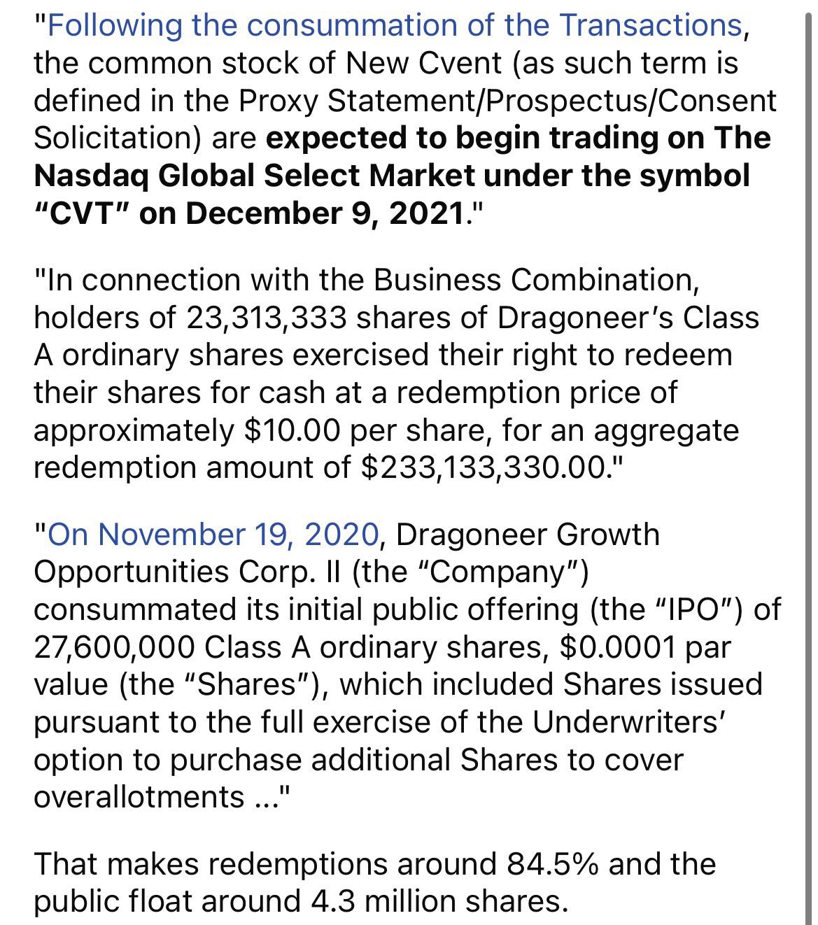 DGNS—> CVT SPAC merger with options and 84 redemptions! Float lowered from 28 million to 4.3