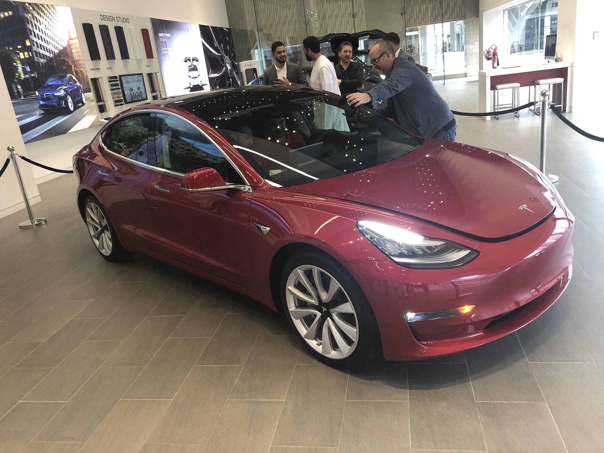 First Tesla model 3 on display In Dubai , UAE r/teslamotors