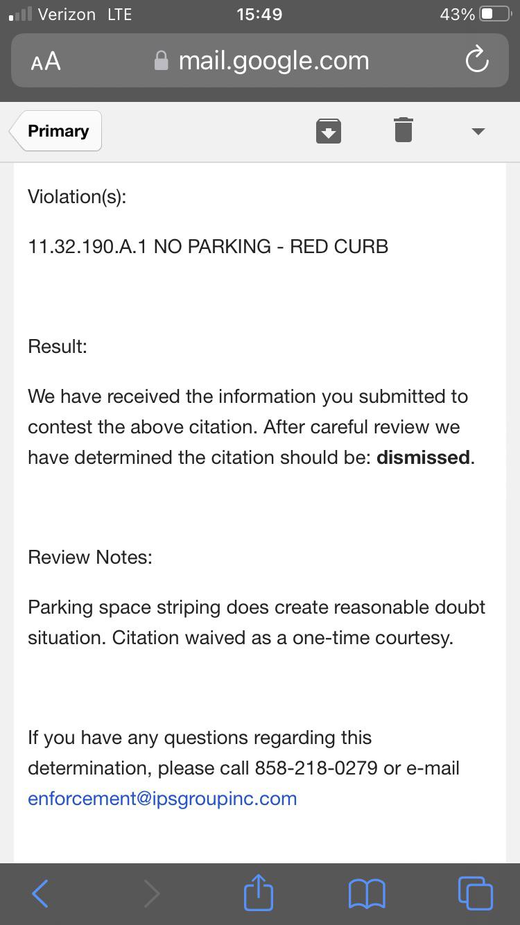 Got a ticket for red curb parking in National City. I contested it and