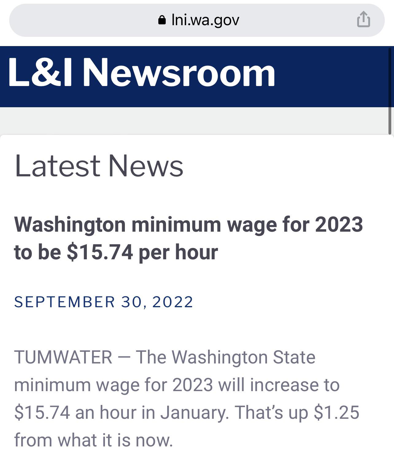 Minimum wage will be 15.74 an hour in WA state next year r/antiwork