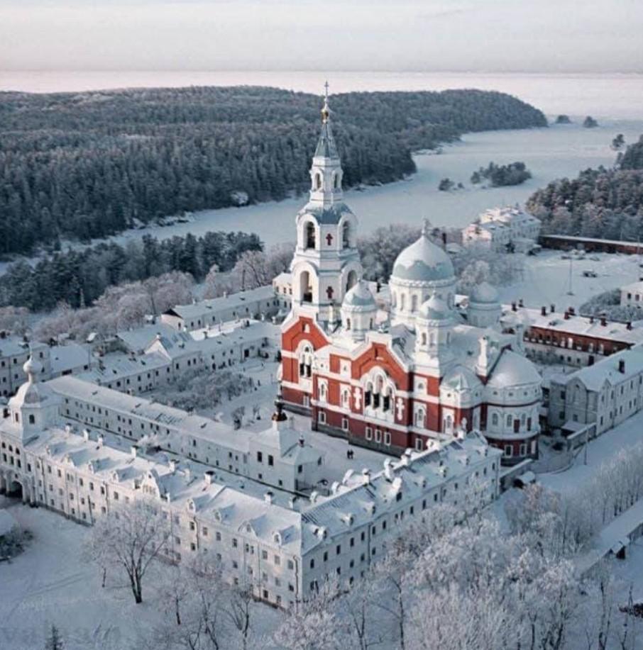 Valaam Monastery (The Northern Athos) covered in snow on Lake Ladoga