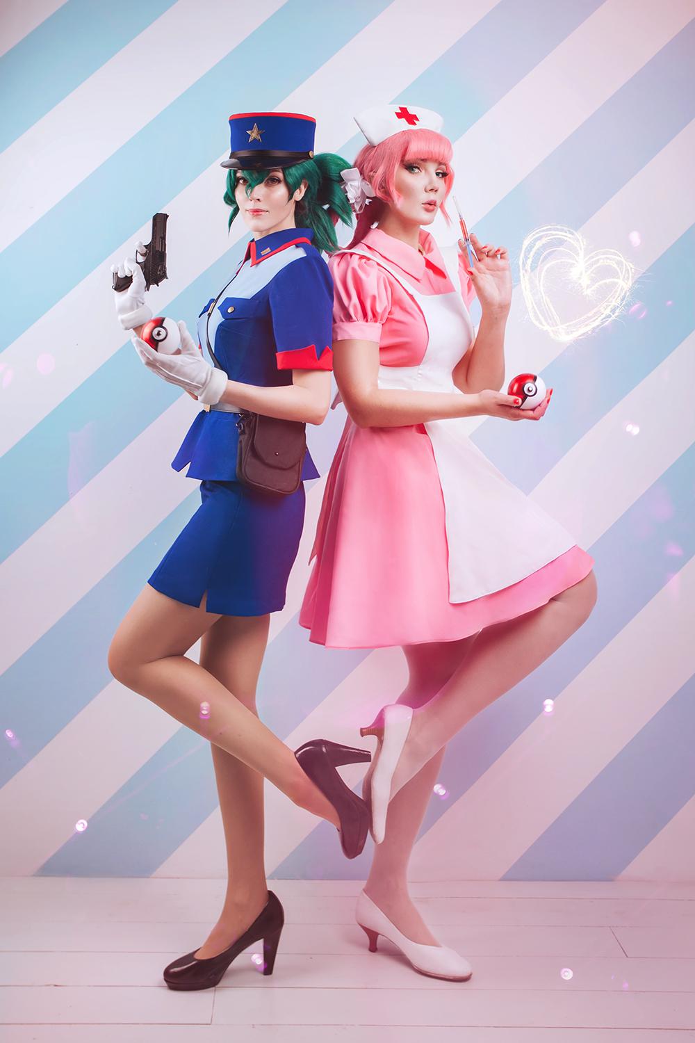 Nurse Joy and Officer Jenny cosplay by Pugoffka and HibariRin, photo by